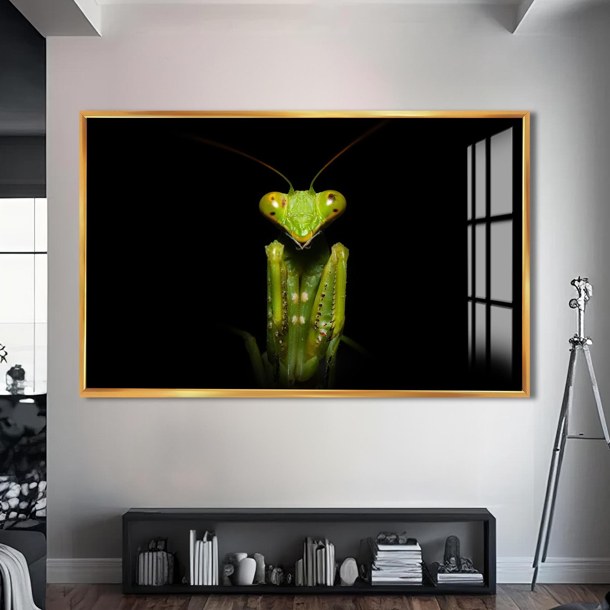 Artronauts Glass Print S | 72x46 cm | 28.3"x18.1" / Gold Green Mantis Portrait – Animal Tempered Glass Wall Art