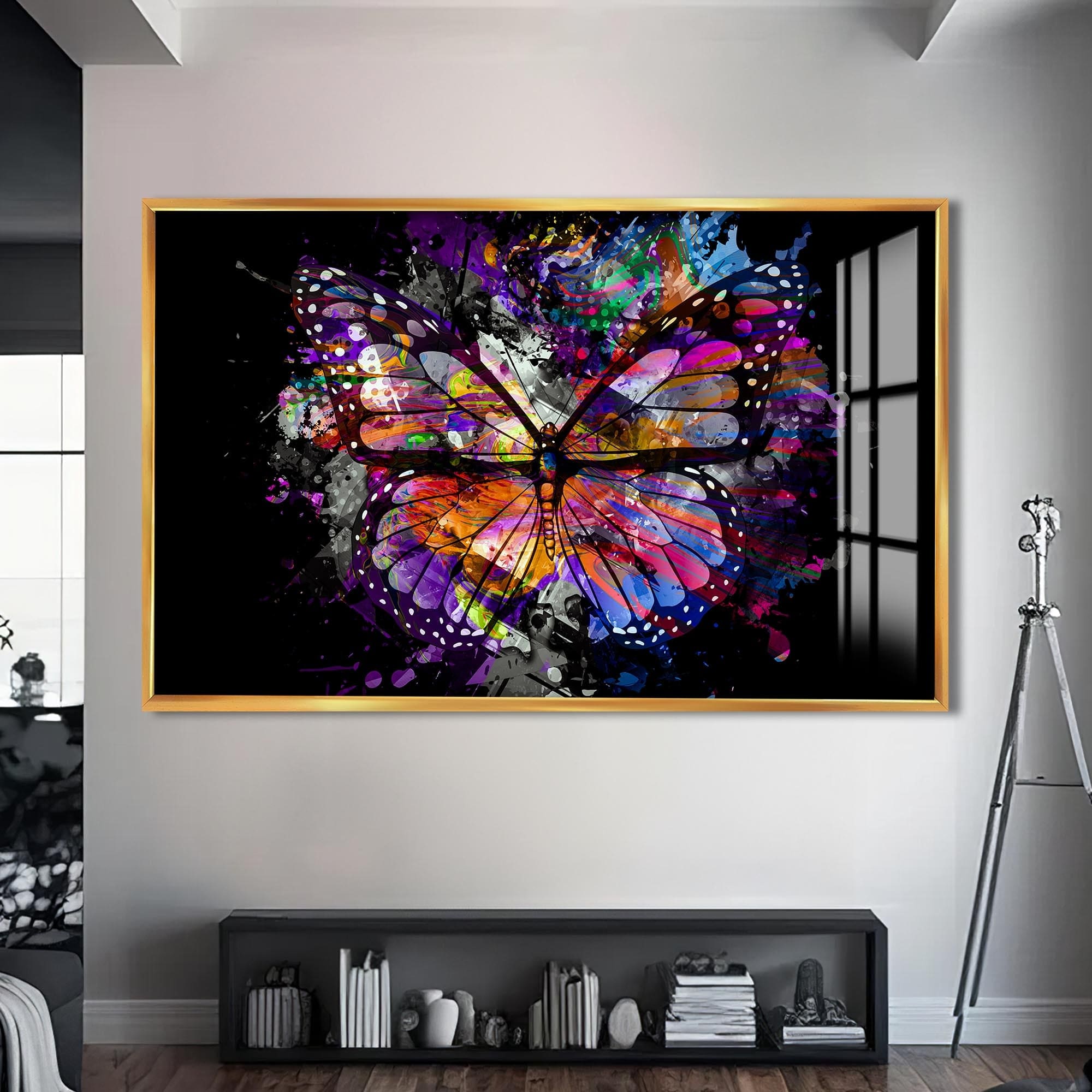 Artronauts Glass Print S | 72x46 cm | 28.3"x18.1" / Gold Cosmic Splash Butterfly – Animal Tempered Glass Wall Art