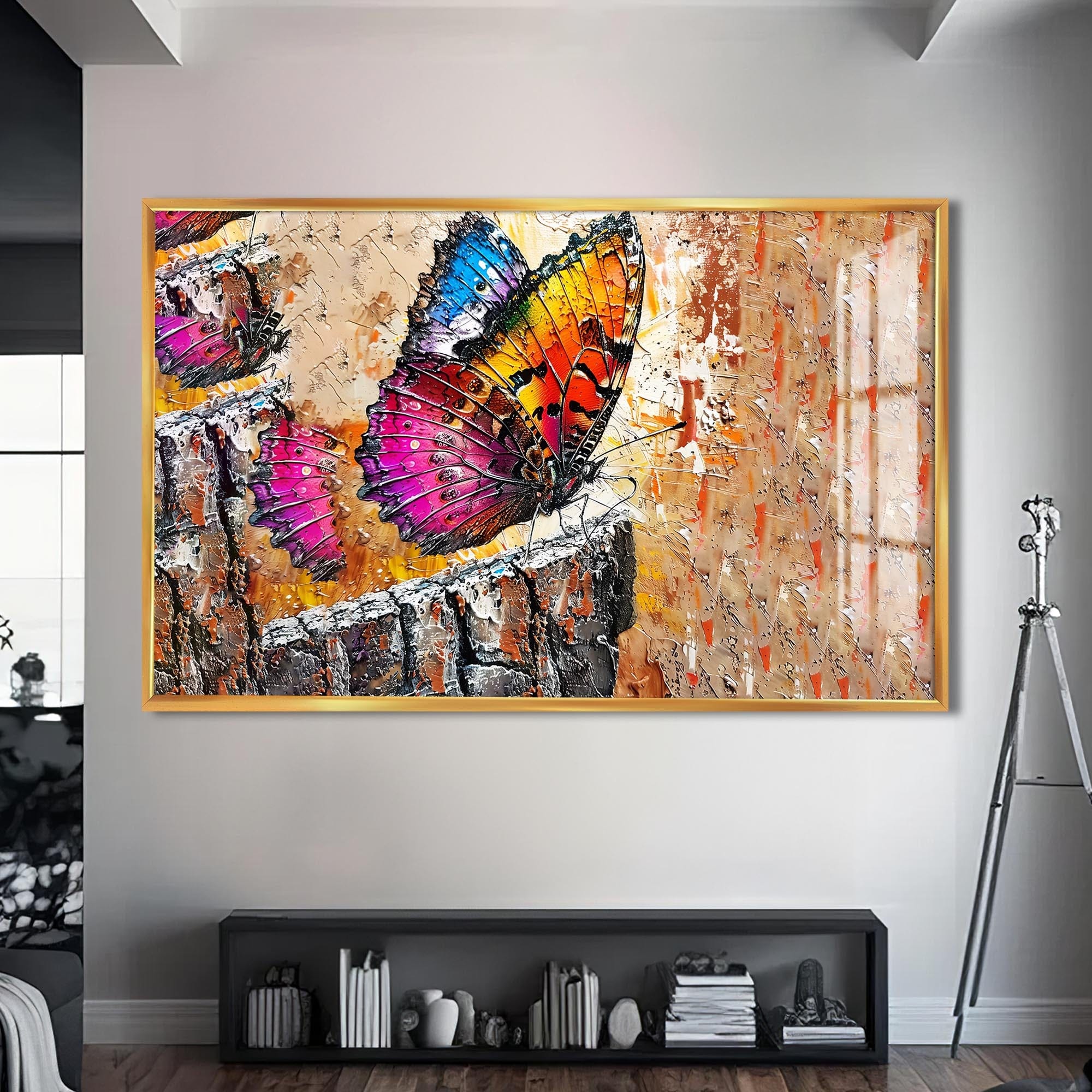 Artronauts Glass Print S | 72x46 cm | 28.3"x18.1" / Gold Vibrant Barkland Butterfly – Animal Tempered Glass Wall Art