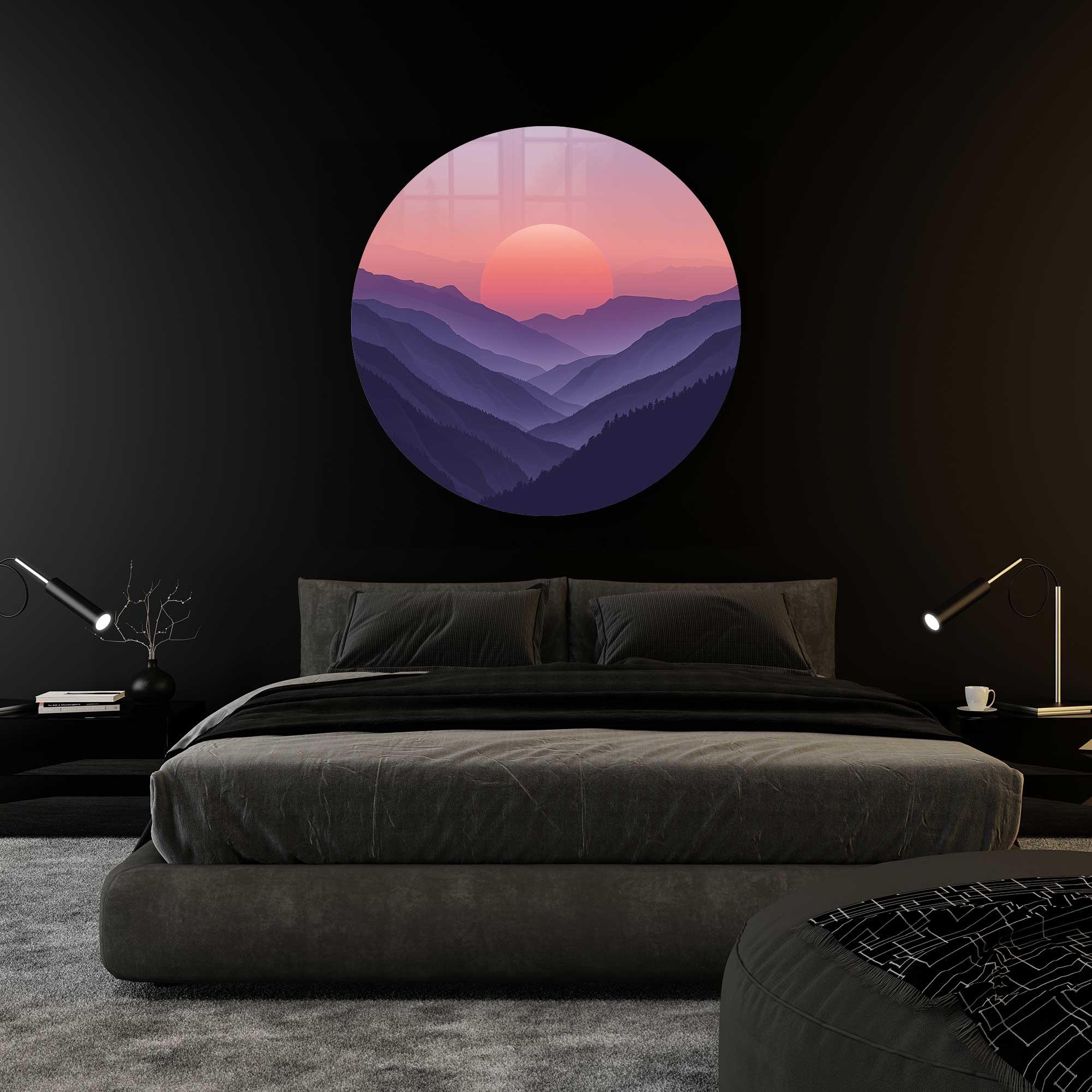 Artronauts Glass Print Sunset Beyond the Mountains - Rounded Glass Wall Art