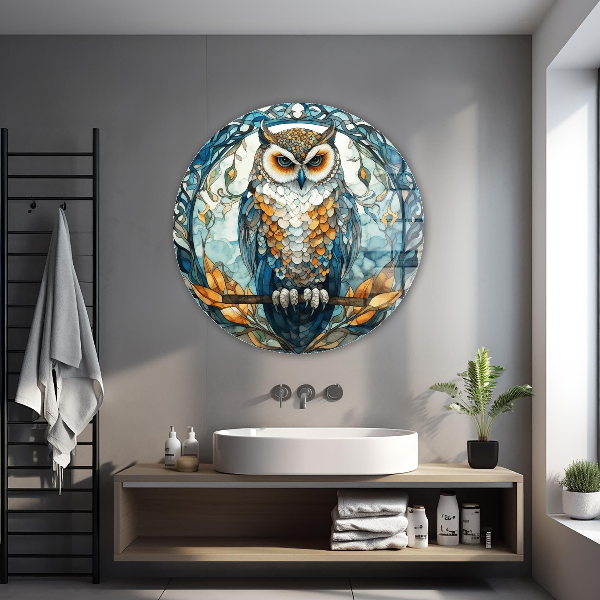 Artronauts Glass Print Stained Owl - Rounded Glass Wall Art