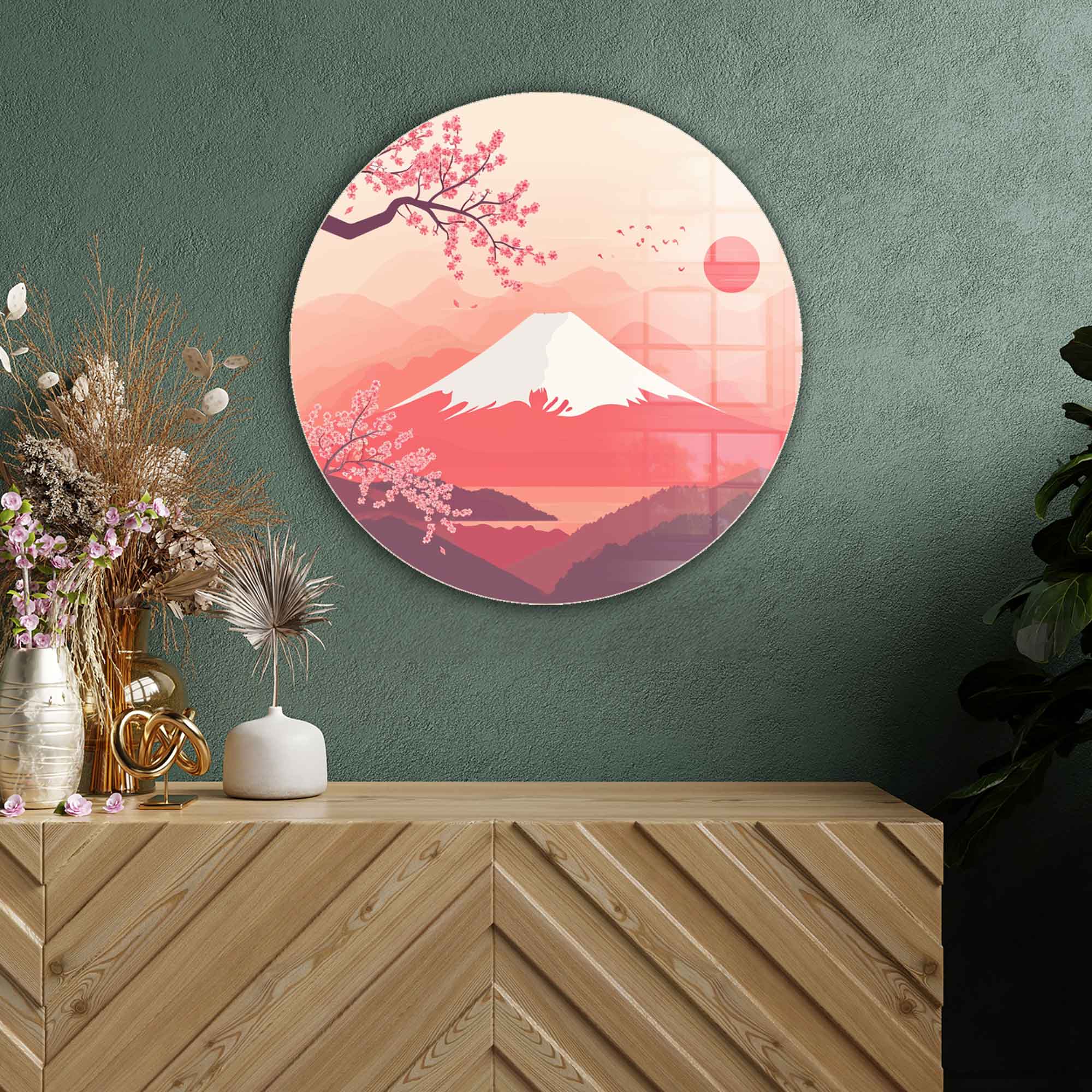 Artronauts Glass Print Sakura Peaks - Rounded Glass Wall Art