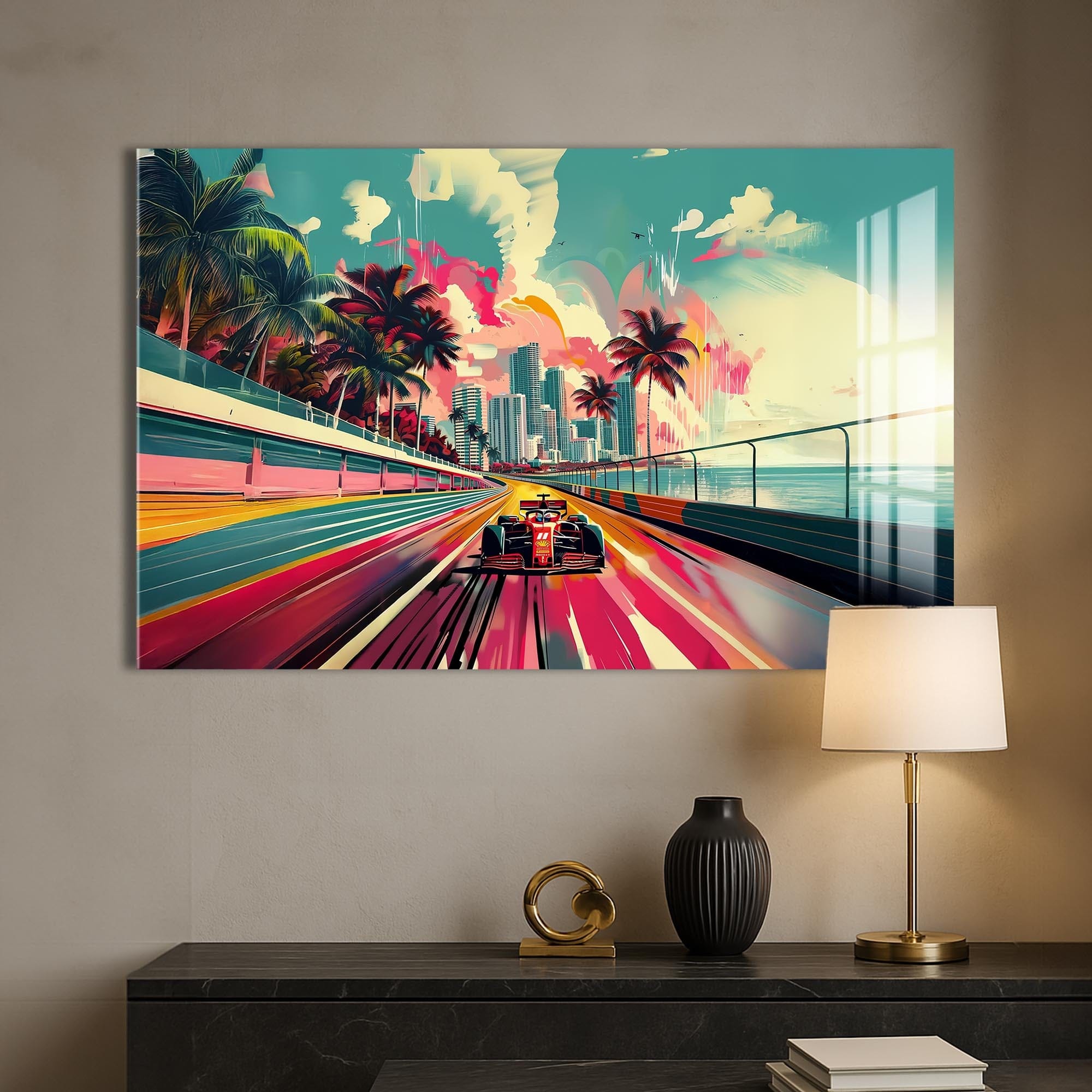 Artronauts Glass Print Neon City Speed – Modern Car Glass Wall Art