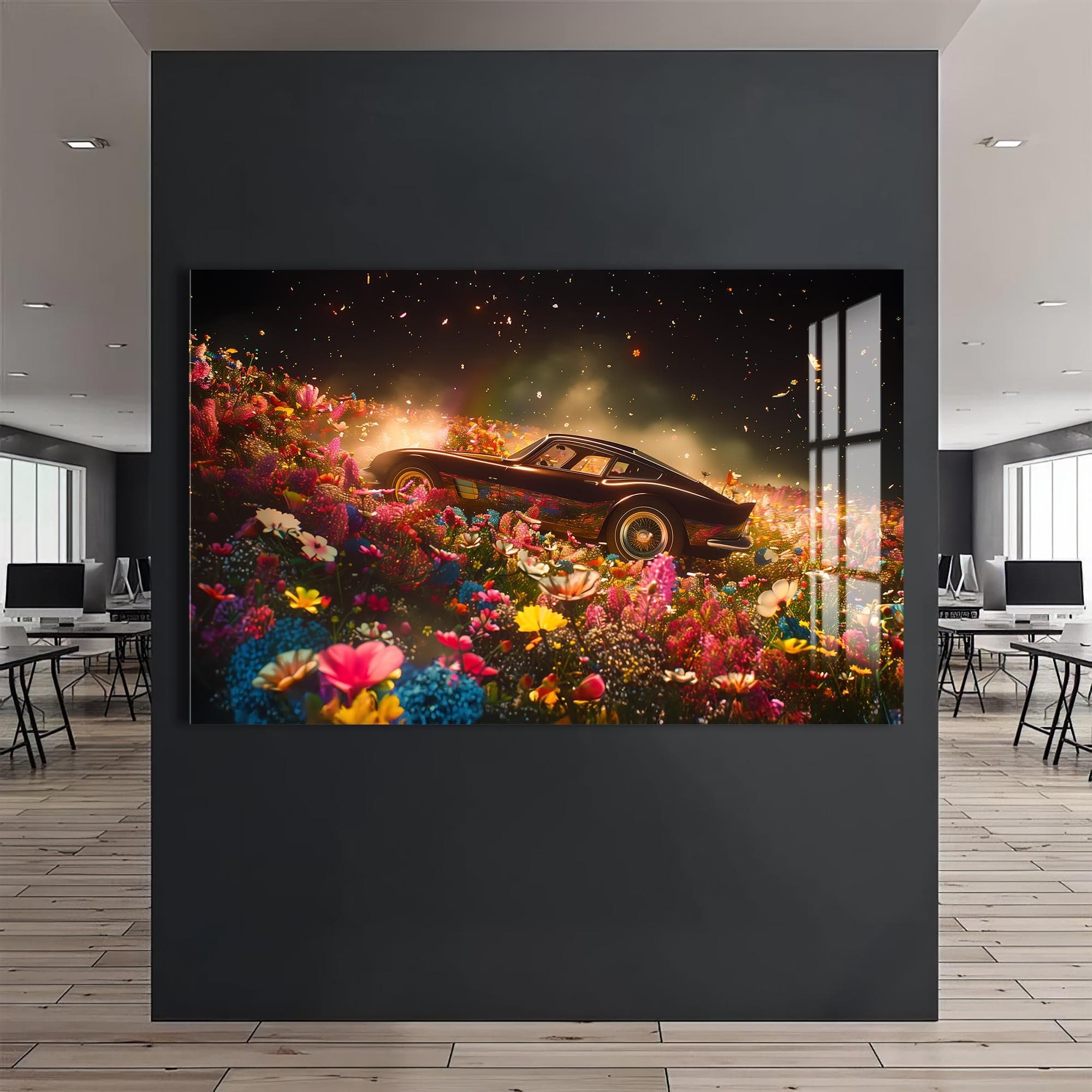 Artronauts Glass Print Classic Sports Car in Flower Field – Car Glass Wall Art