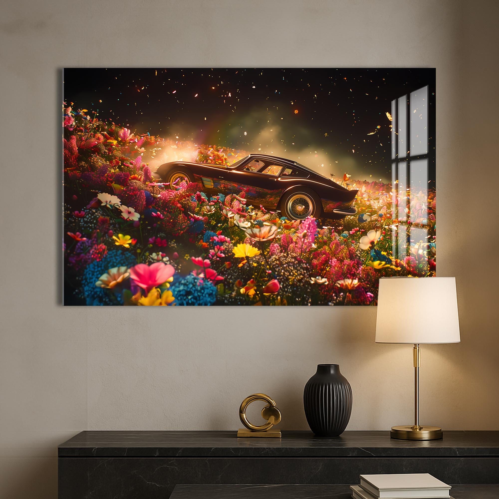 Artronauts Glass Print Classic Sports Car in Flower Field – Car Glass Wall Art