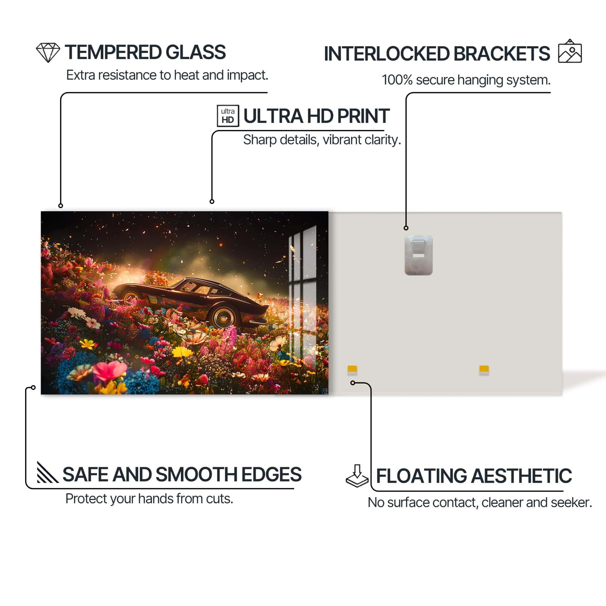 Artronauts Glass Print Classic Sports Car in Flower Field – Car Glass Wall Art