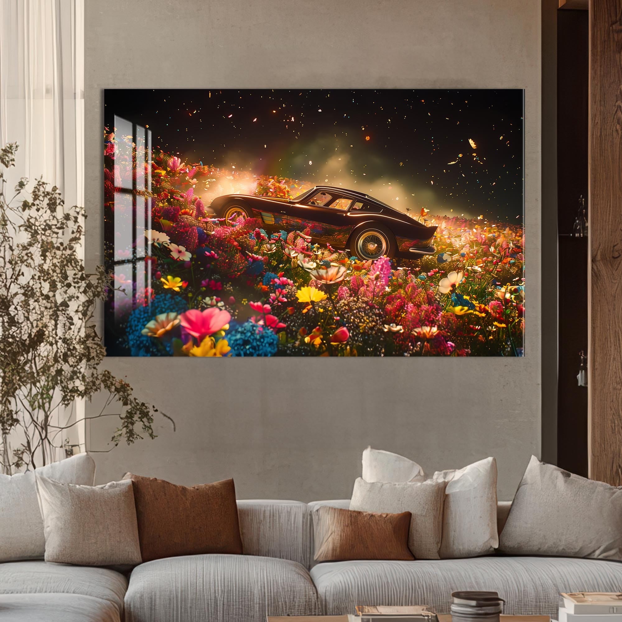 Artronauts Glass Print Classic Sports Car in Flower Field – Car Glass Wall Art