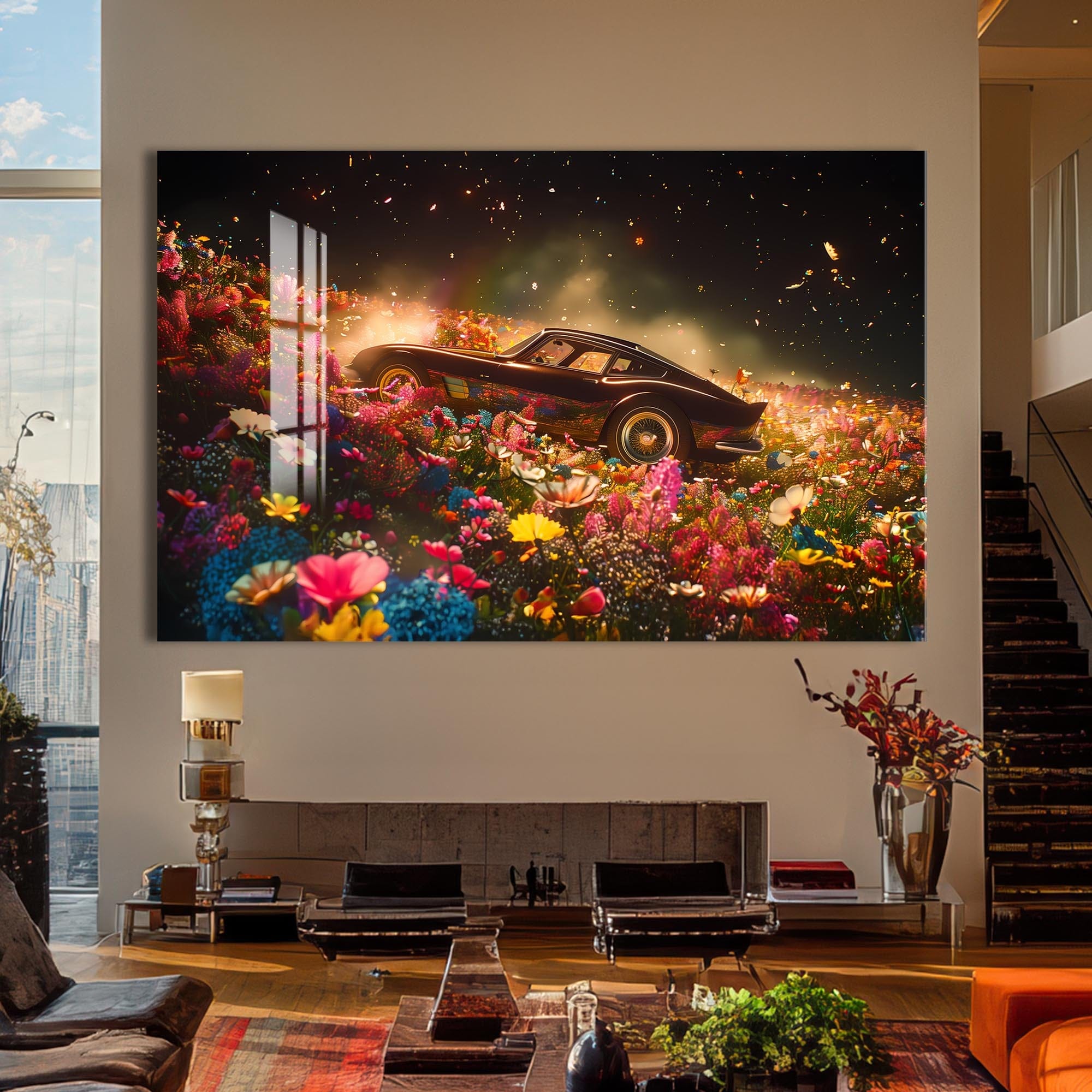 Artronauts Glass Print Classic Sports Car in Flower Field – Car Glass Wall Art