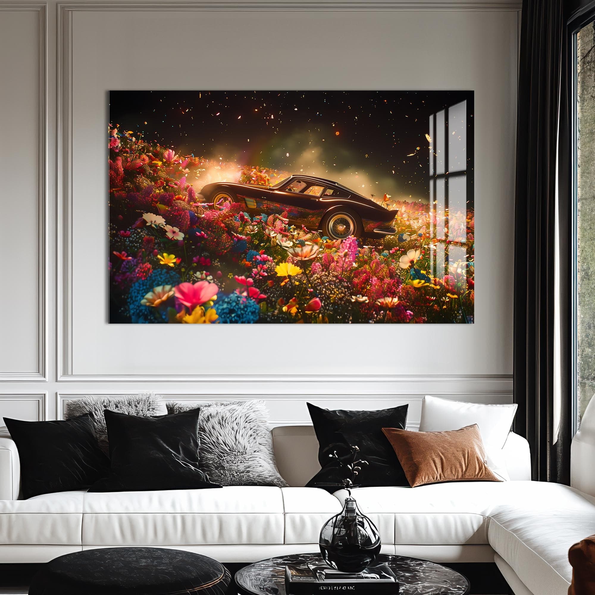 Artronauts Glass Print Classic Sports Car in Flower Field – Car Glass Wall Art