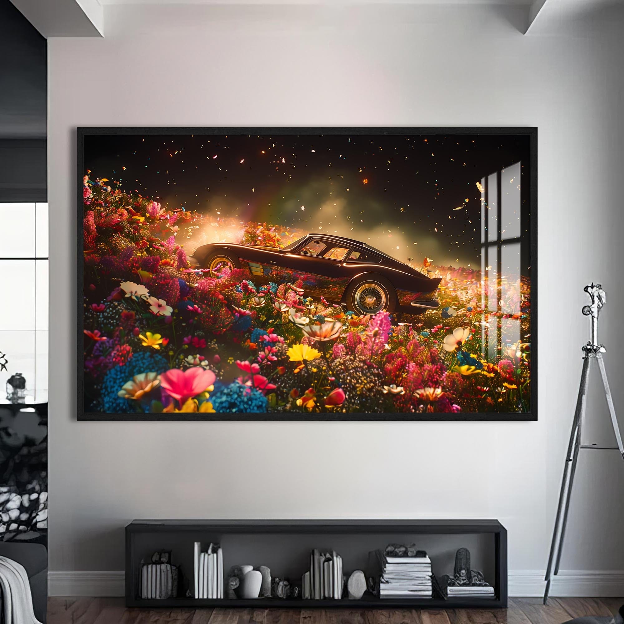 Artronauts Glass Print S | 72x46 cm | 28.3"x18.1" / Black Classic Sports Car in Flower Field – Car Glass Wall Art