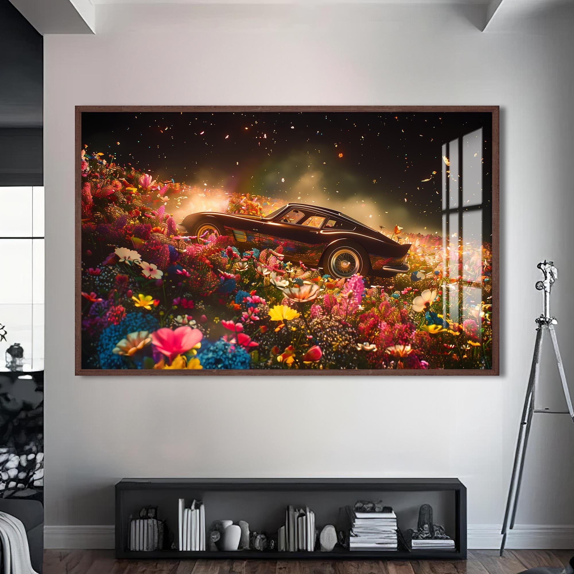 Artronauts Glass Print S | 72x46 cm | 28.3"x18.1" / Walnut Classic Sports Car in Flower Field – Car Glass Wall Art