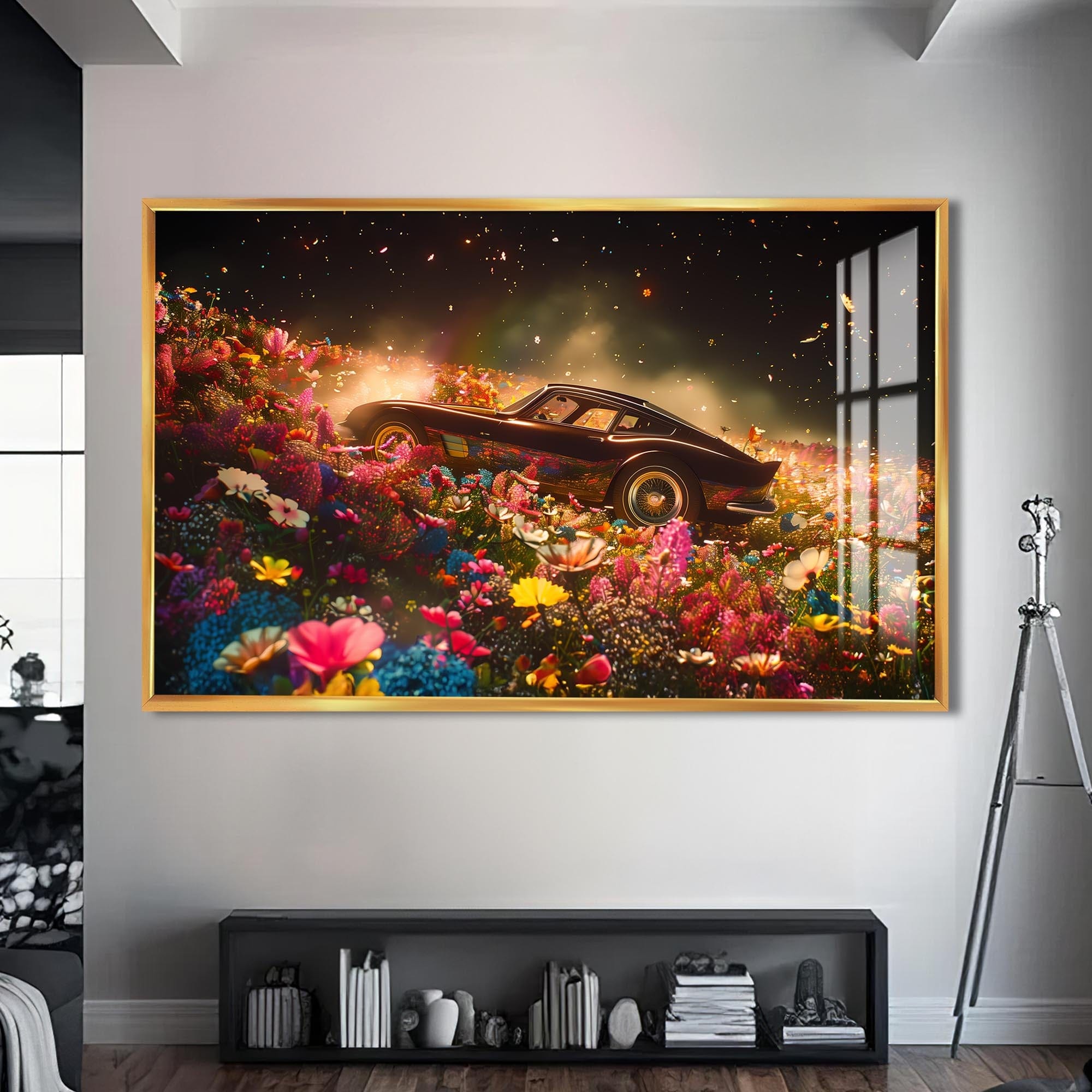 Artronauts Glass Print S | 72x46 cm | 28.3"x18.1" / Gold Classic Sports Car in Flower Field – Car Glass Wall Art