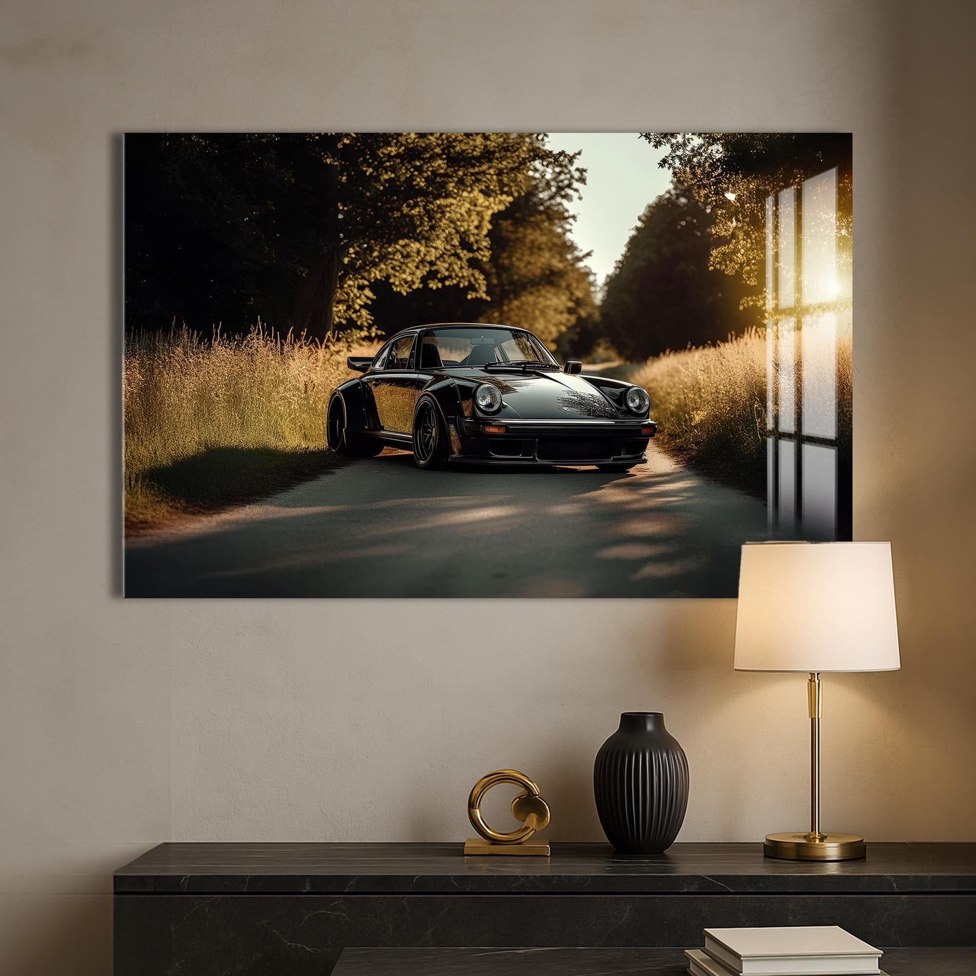 Artronauts Glass Print Classic Car on Country Road –Tempered Glass Wall Art