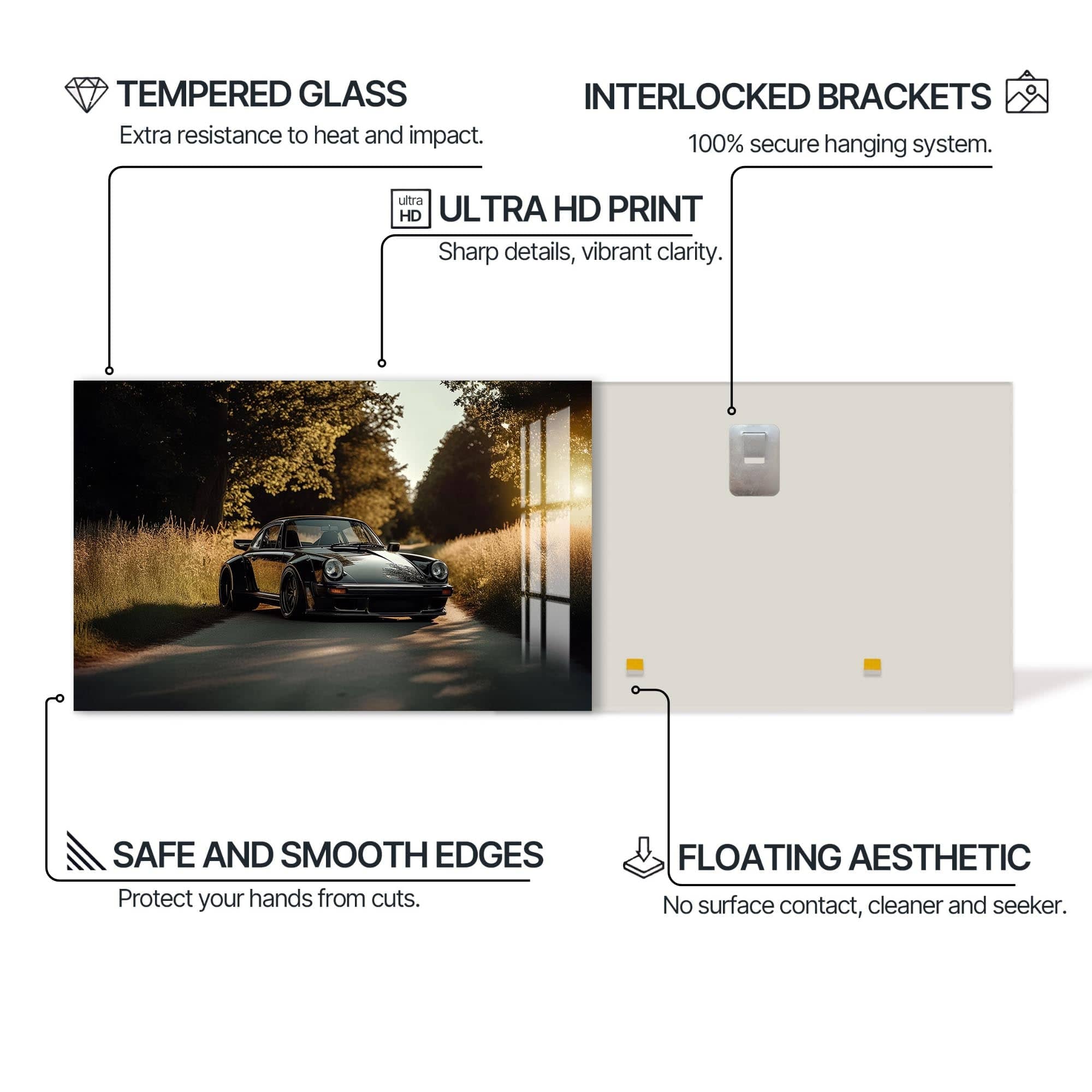 Artronauts Glass Print Classic Car on Country Road –Tempered Glass Wall Art