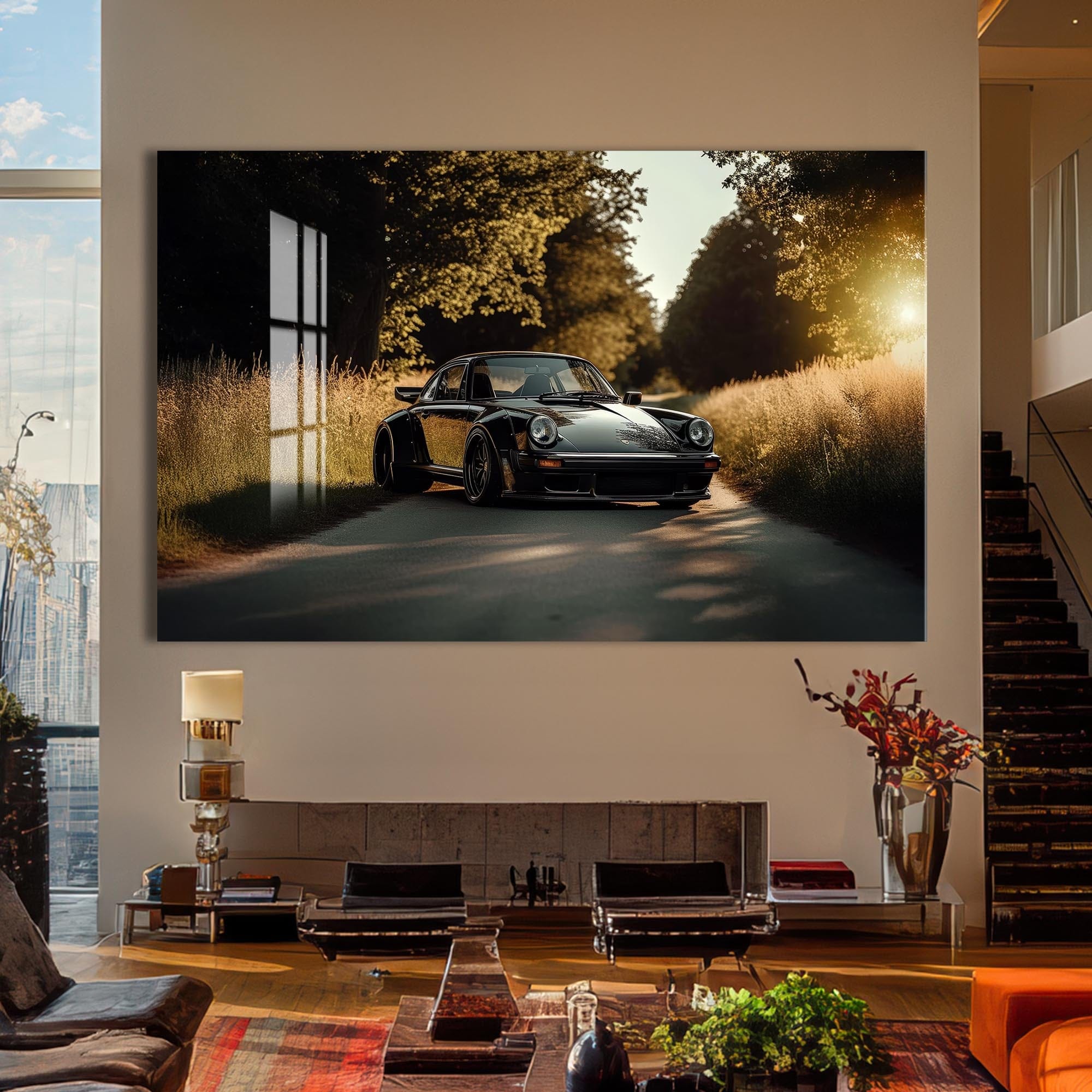 Artronauts Glass Print Classic Car on Country Road –Tempered Glass Wall Art