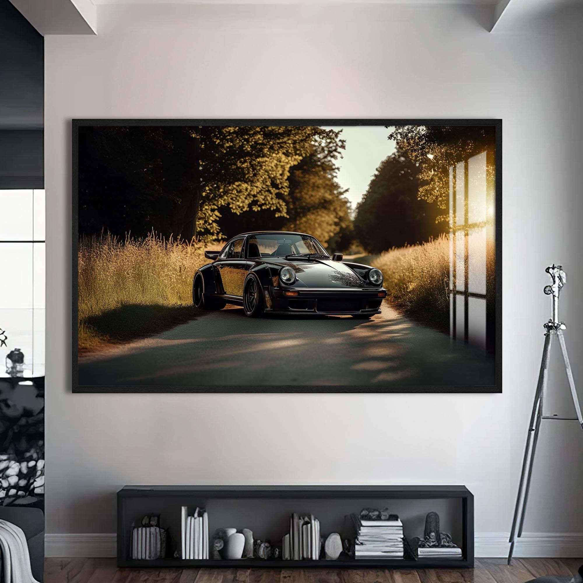 Artronauts Glass Print S | 72x46 cm | 28.3"x18.1" / Black Classic Car on Country Road –Tempered Glass Wall Art