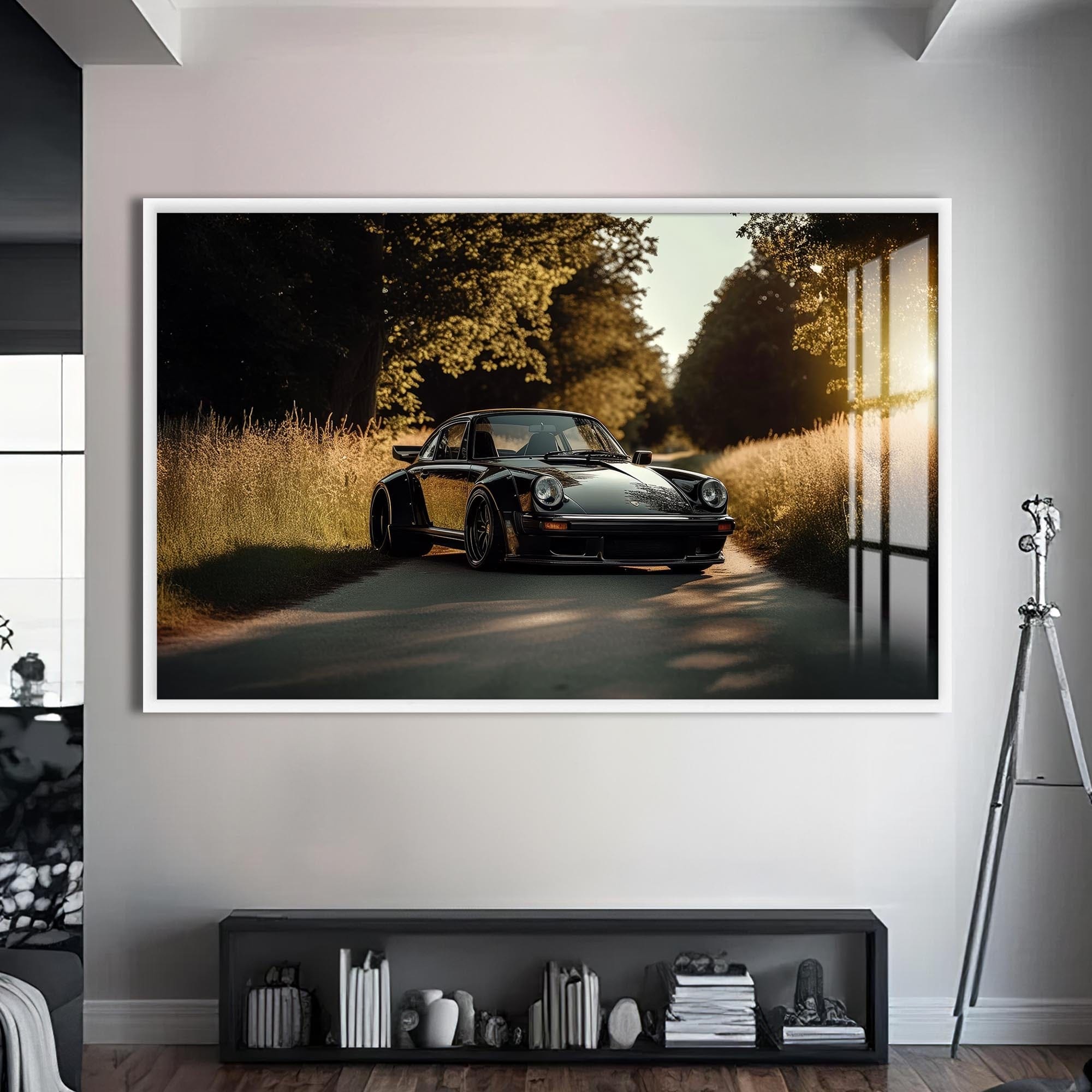 Artronauts Glass Print S | 72x46 cm | 28.3"x18.1" / White Classic Car on Country Road –Tempered Glass Wall Art