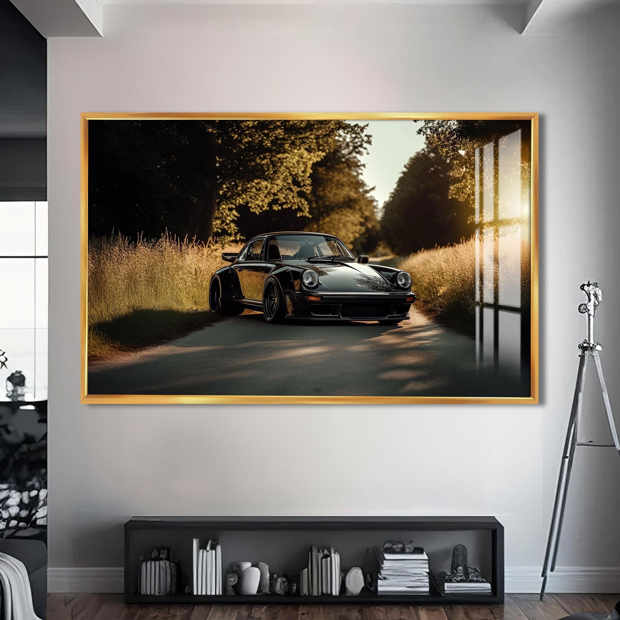 Artronauts Glass Print S | 72x46 cm | 28.3"x18.1" / Gold Classic Car on Country Road –Tempered Glass Wall Art