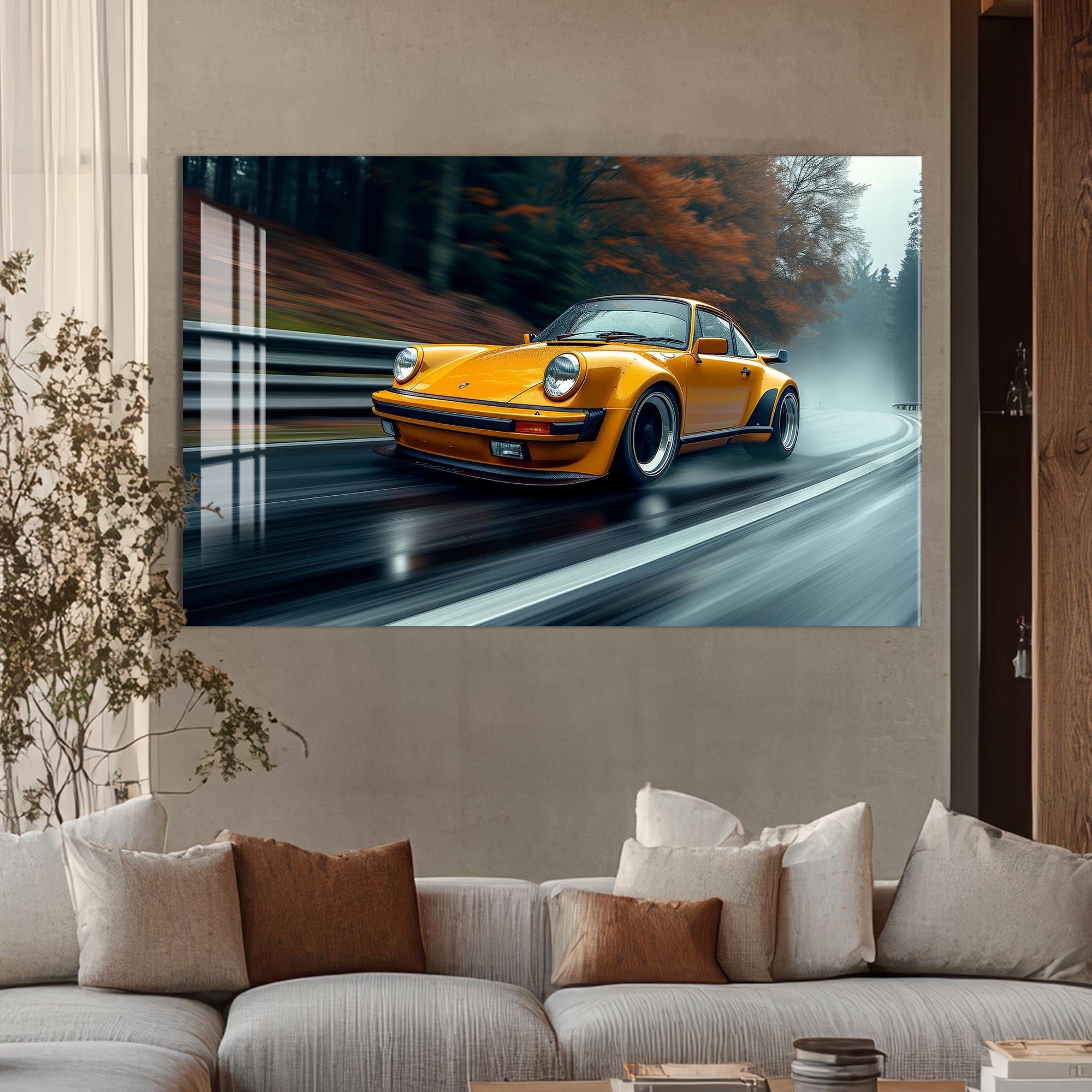 Artronauts Glass Print Yellow Classic Sports Car–Tempered Glass Wall Art