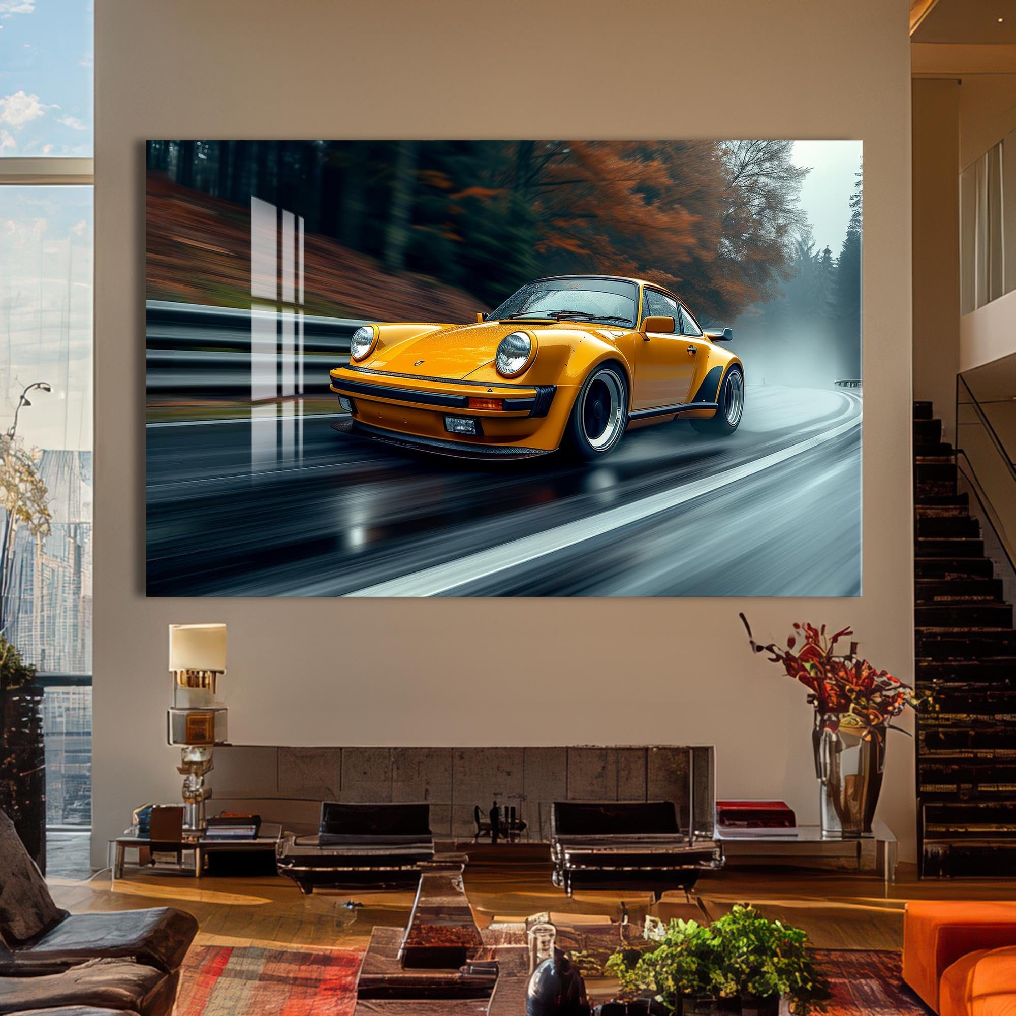 Artronauts Glass Print Yellow Classic Sports Car–Tempered Glass Wall Art
