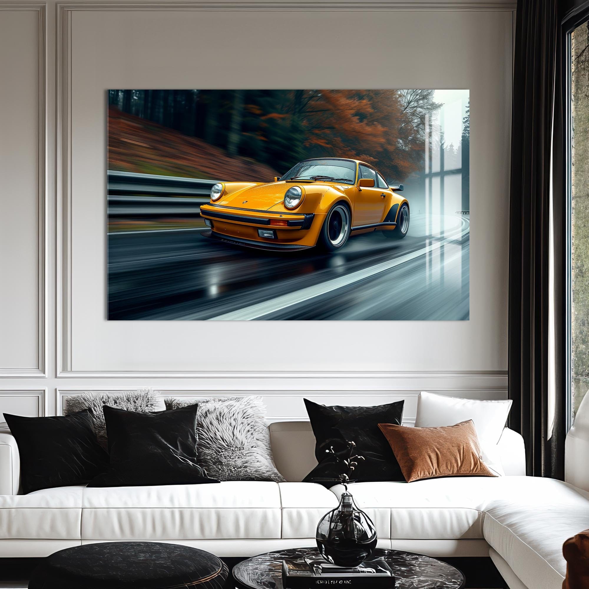 Artronauts Glass Print Yellow Classic Sports Car–Tempered Glass Wall Art