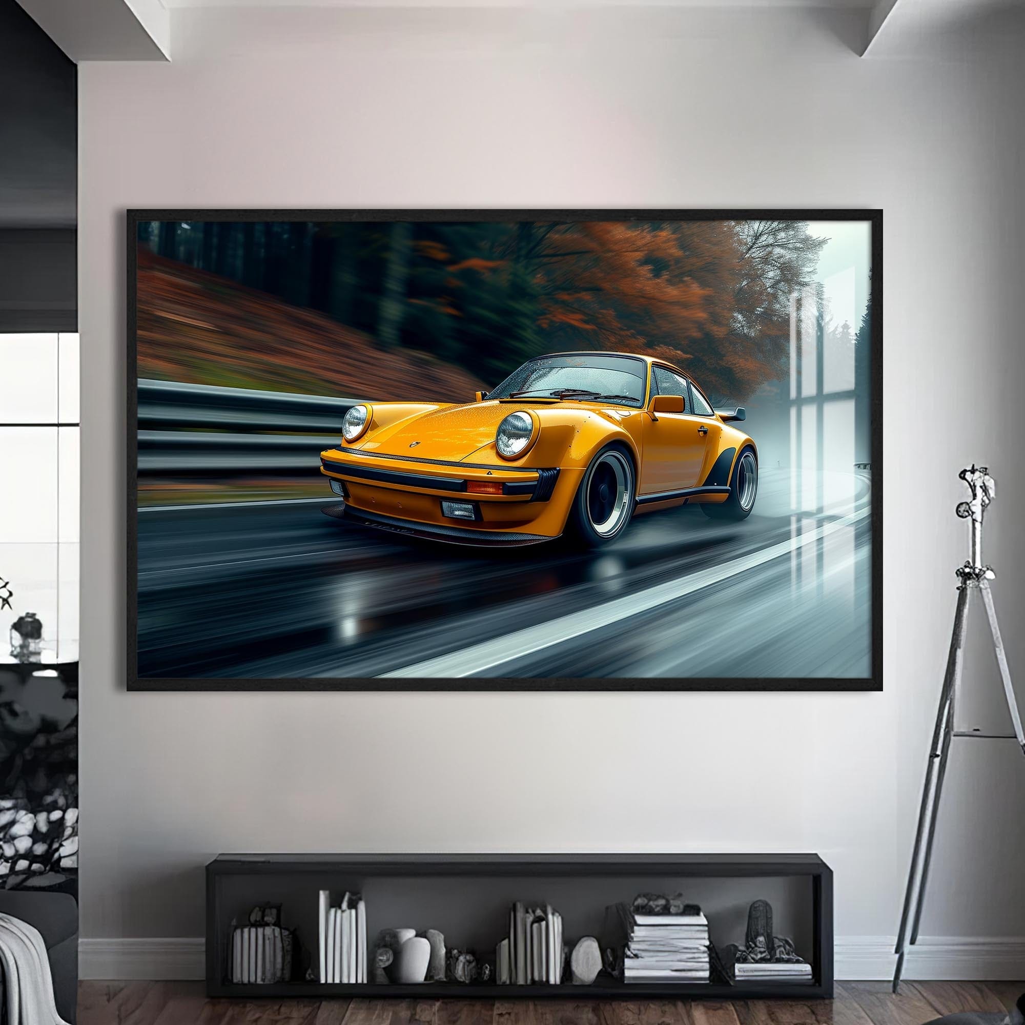Artronauts Glass Print S | 72x46 cm | 28.3"x18.1" / Black Yellow Classic Sports Car–Tempered Glass Wall Art