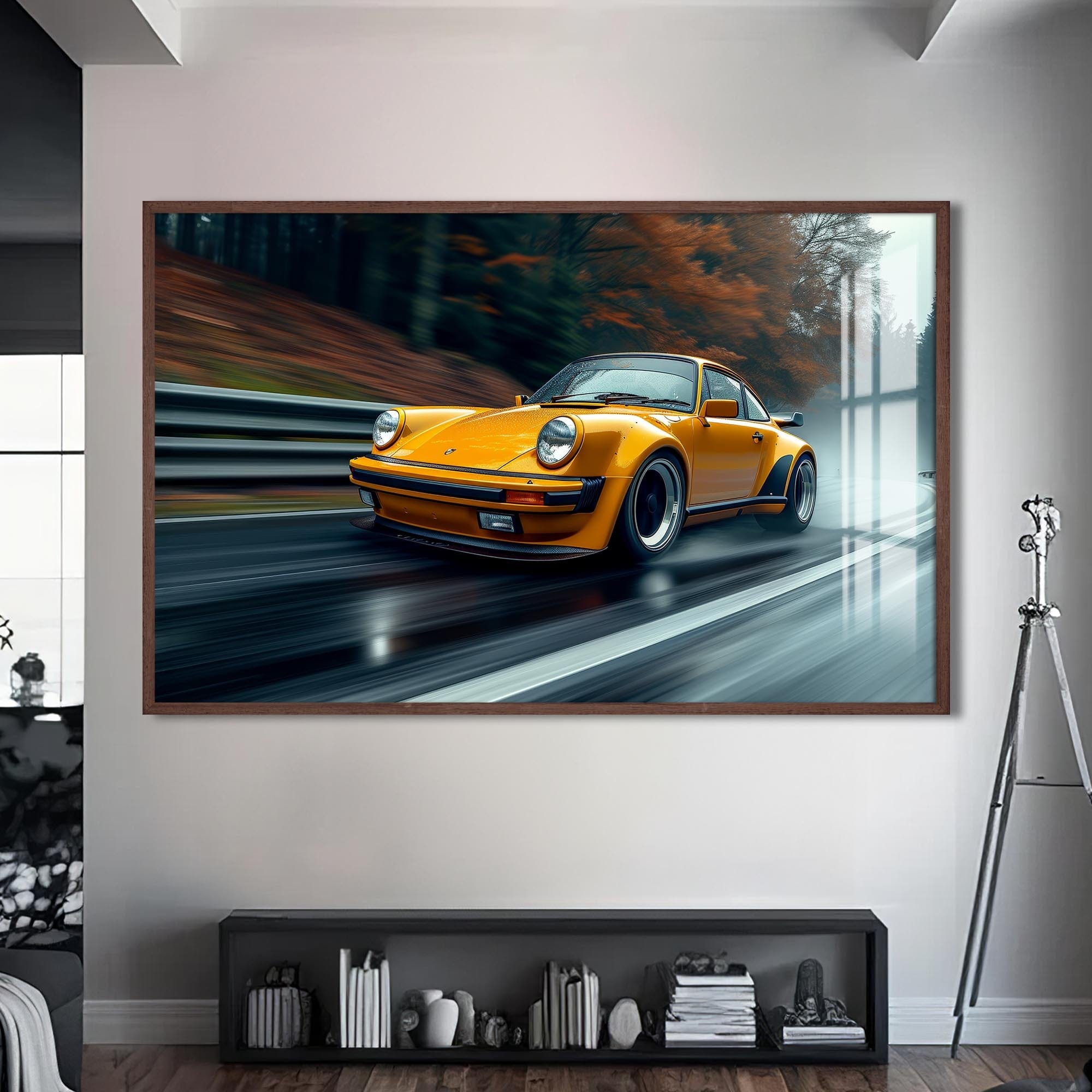 Artronauts Glass Print S | 72x46 cm | 28.3"x18.1" / Walnut Yellow Classic Sports Car–Tempered Glass Wall Art