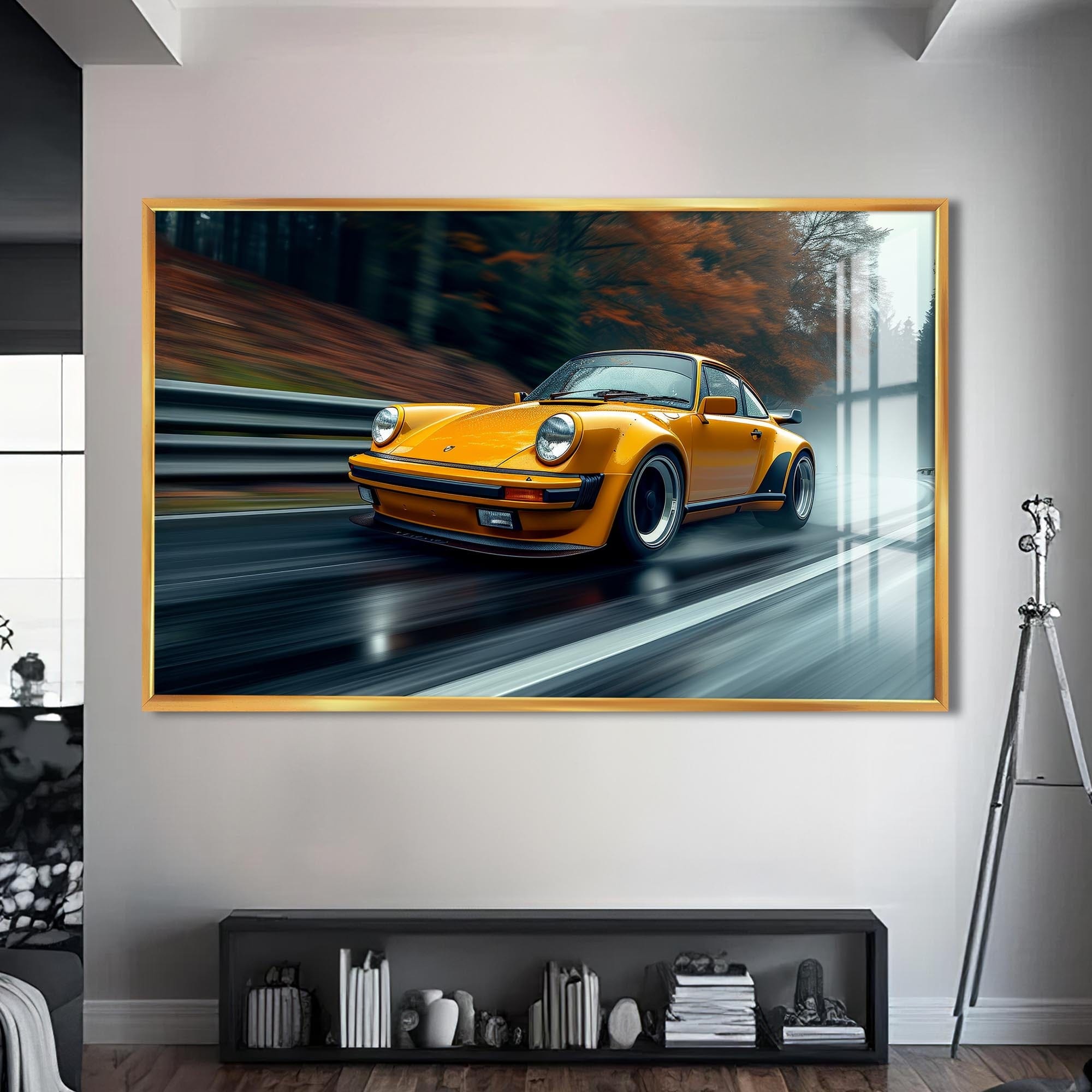 Artronauts Glass Print S | 72x46 cm | 28.3"x18.1" / Gold Yellow Classic Sports Car–Tempered Glass Wall Art