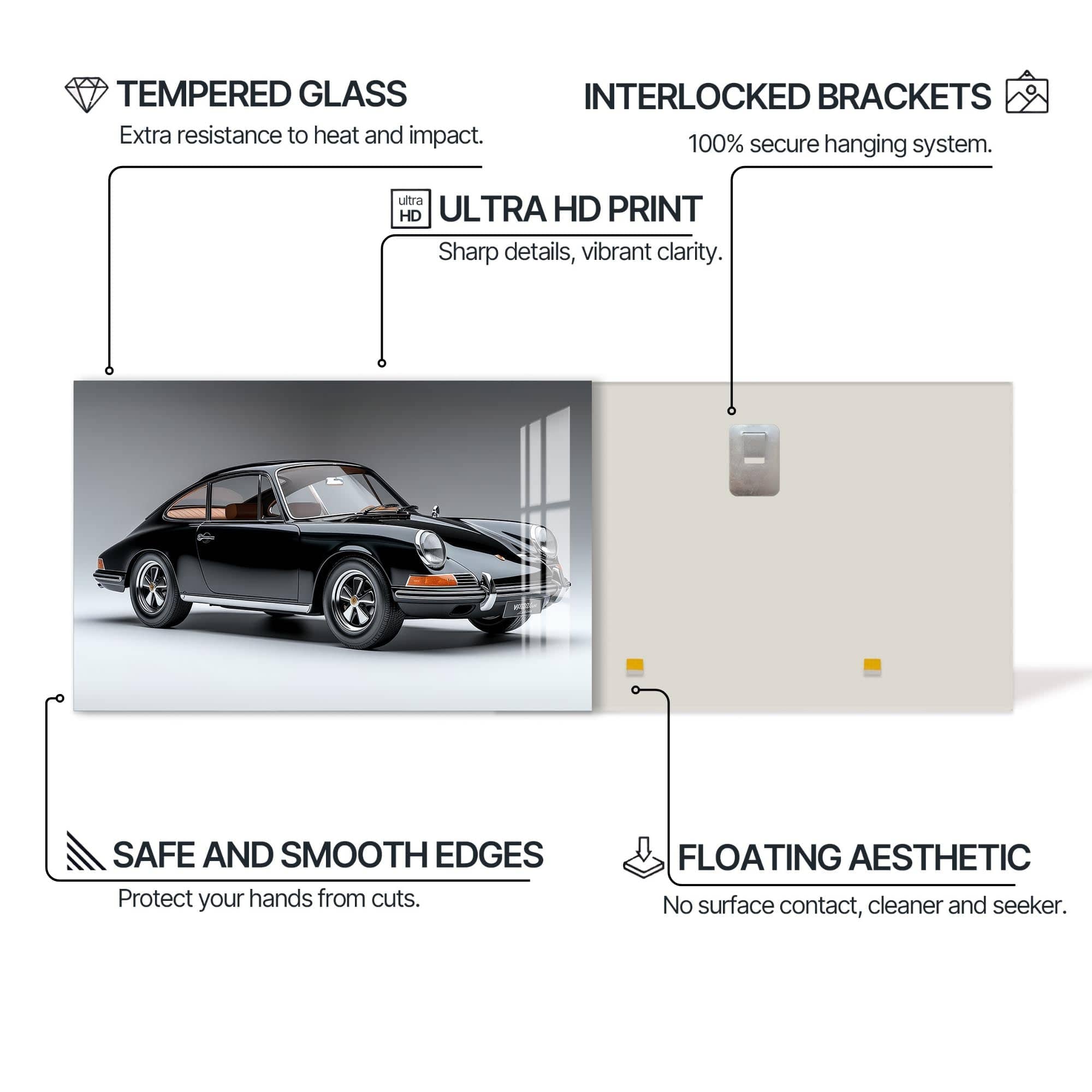 Artronauts Glass Print Classic Black Sports Car-Tempered Glass Wall Art