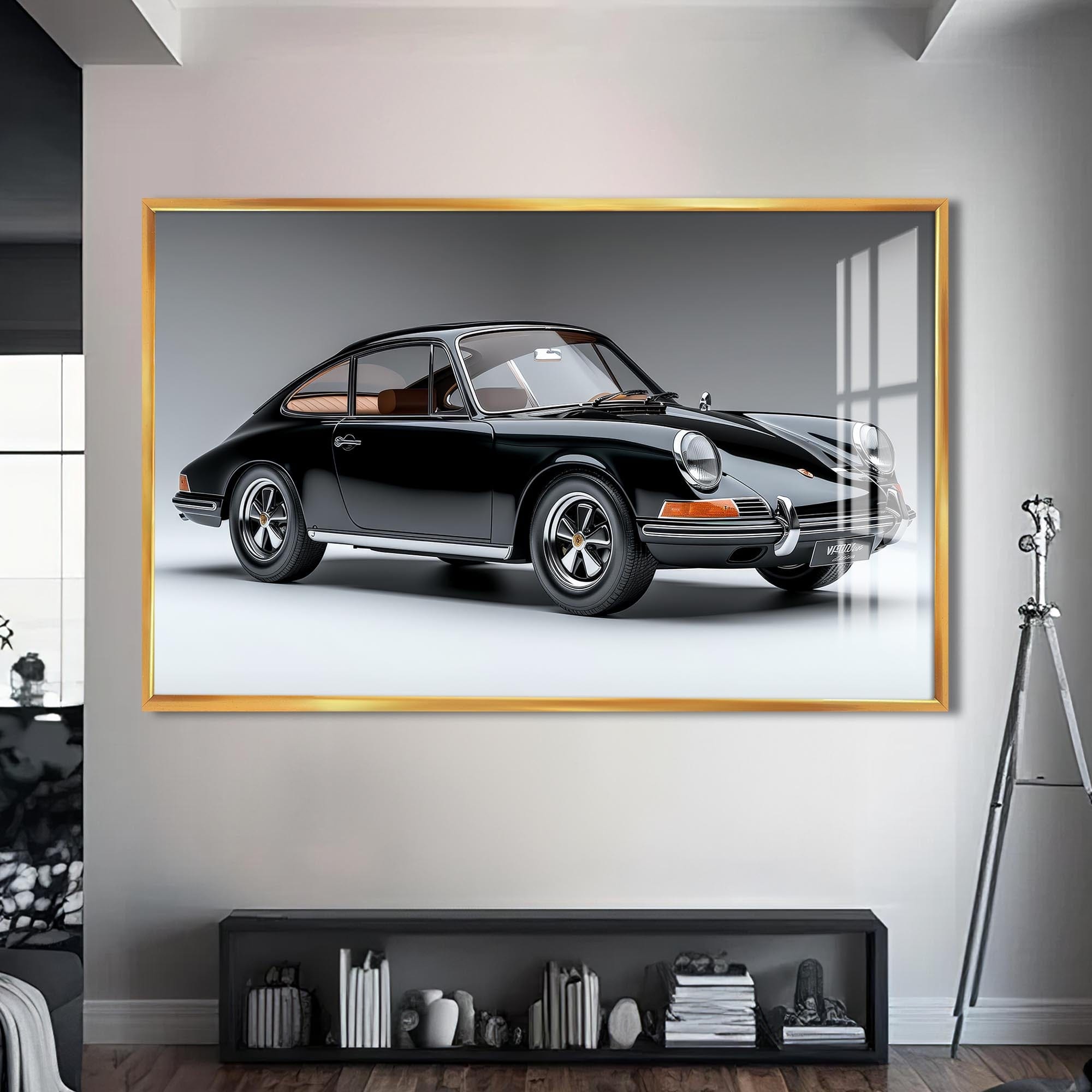 Artronauts Glass Print S | 72x46 cm | 28.3"x18.1" / Gold Classic Black Sports Car-Tempered Glass Wall Art