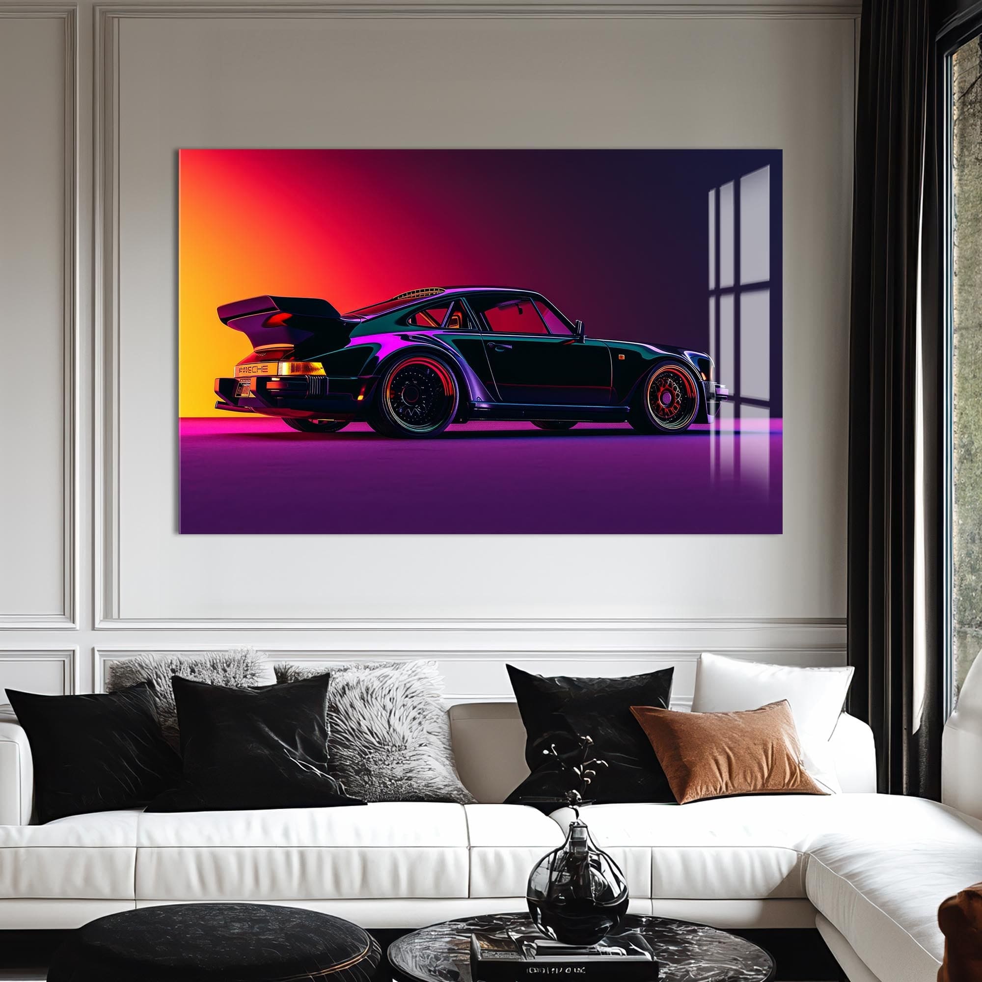 Artronauts Glass Print Neon Styled Classic Sports Car-Tempered Glass Wall Art