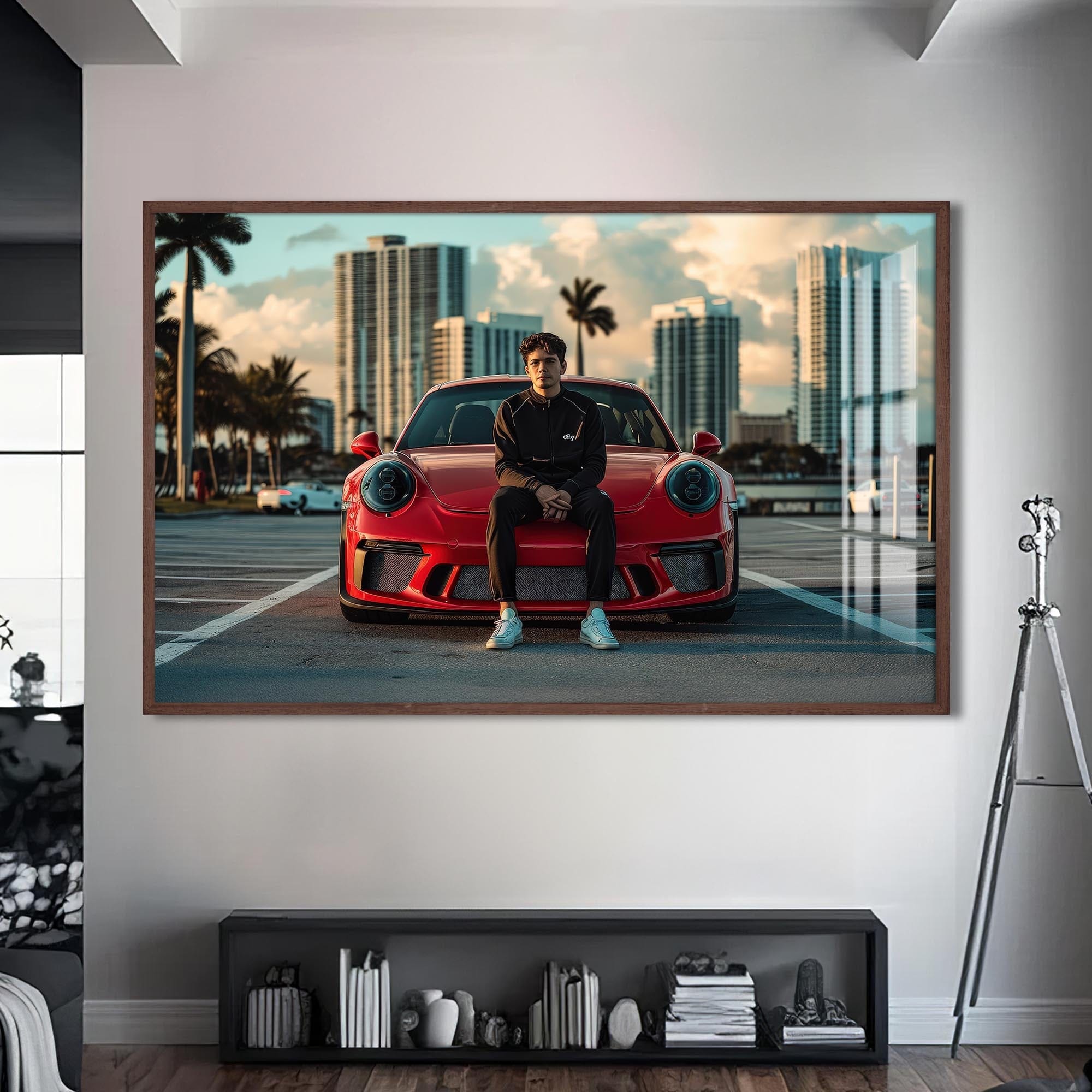 Artronauts Glass Print S | 72x46 cm | 28.3"x18.1" / Walnut Red Sports Car-Tempered Glass Wall Art