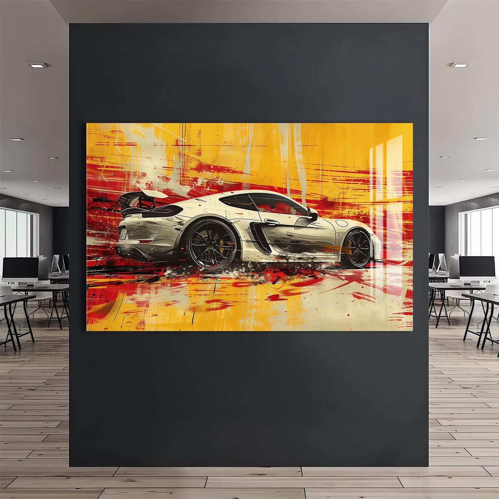 Artronauts Glass Print Yellow Motion – Abstract Sports Car Glass Wall Art