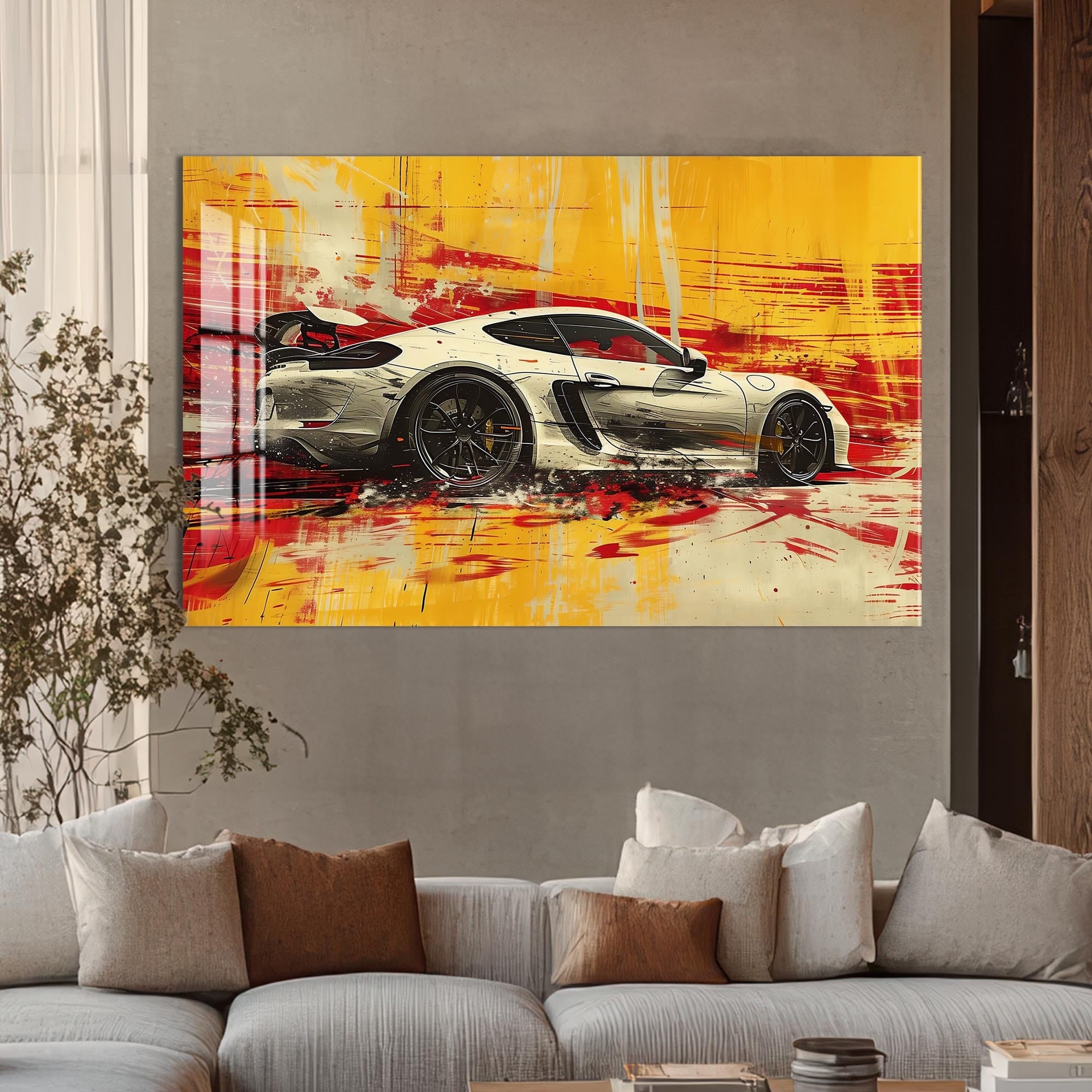 Artronauts Glass Print Yellow Motion – Abstract Sports Car Glass Wall Art