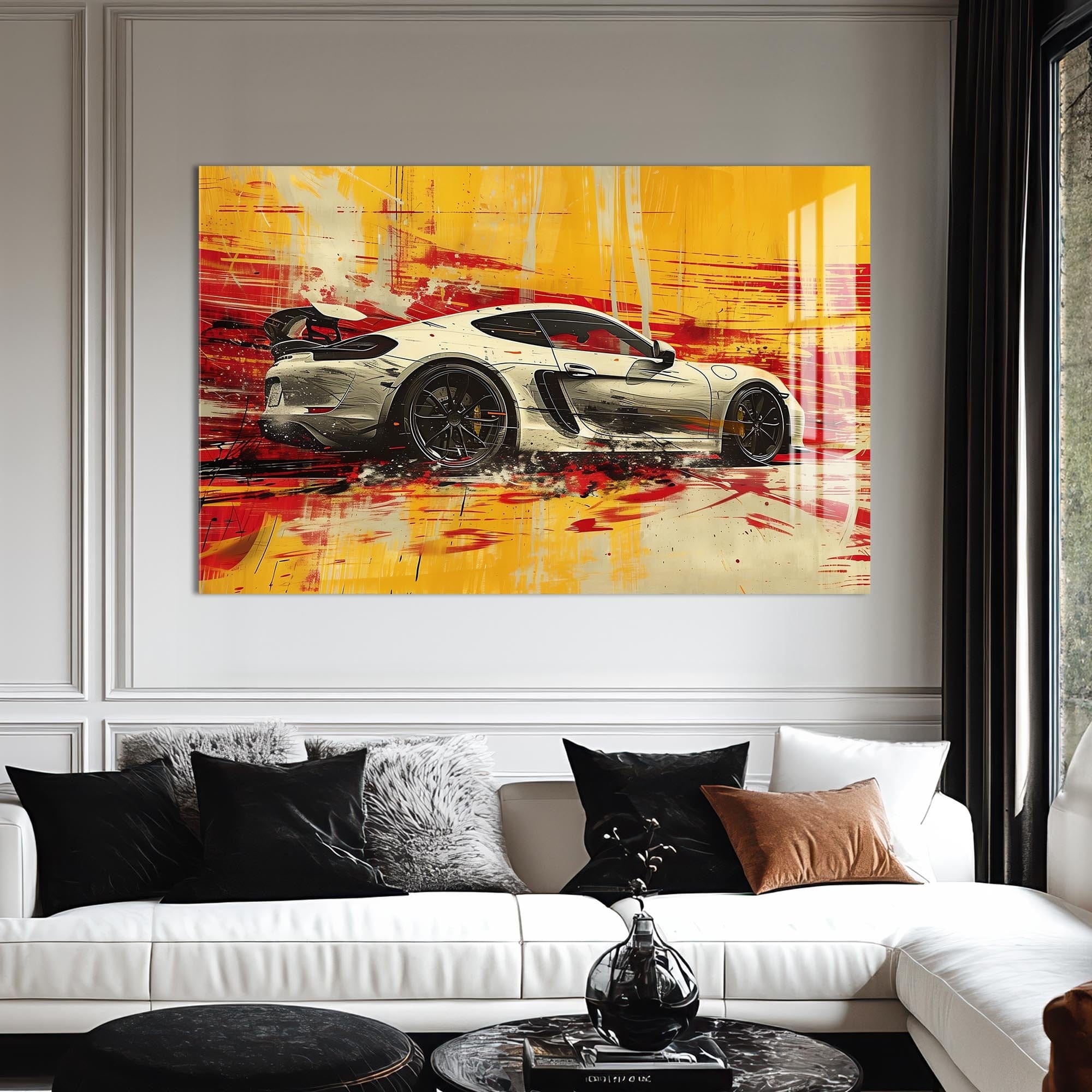 Artronauts Glass Print Yellow Motion – Abstract Sports Car Glass Wall Art