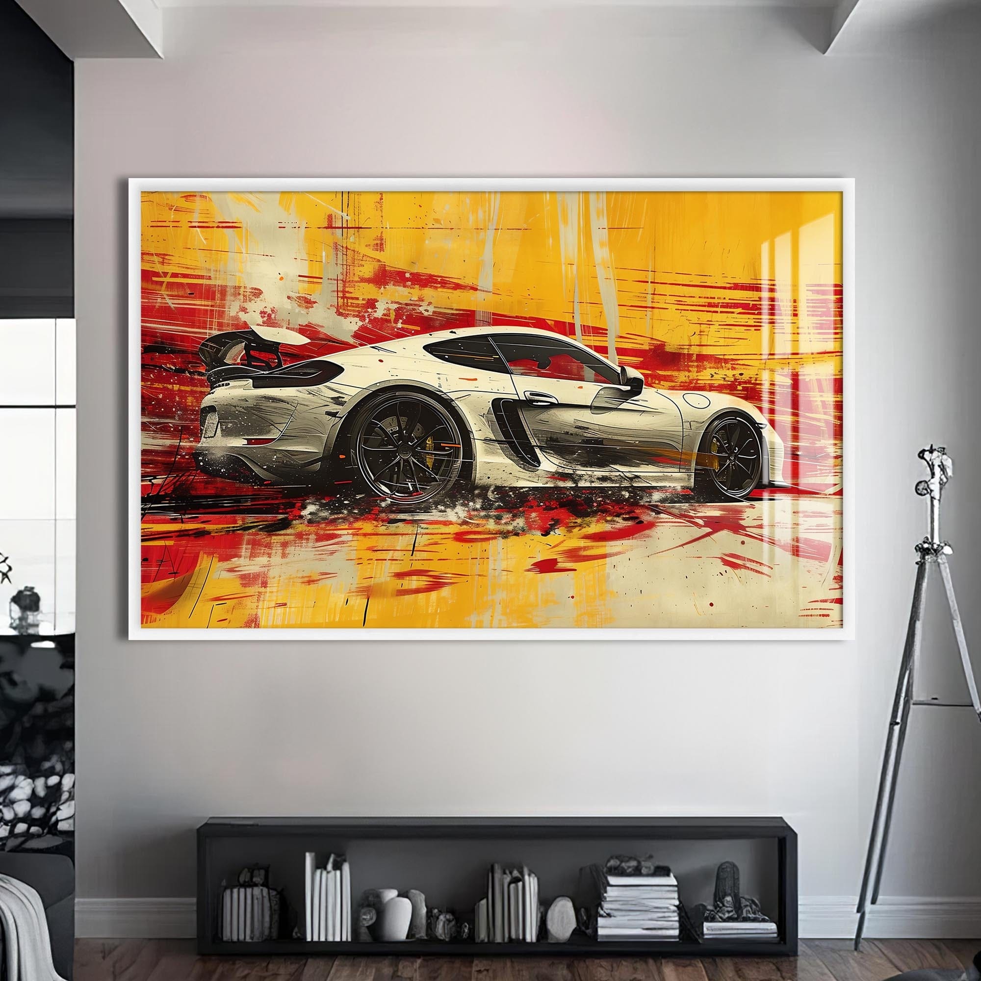 Artronauts Glass Print S | 72x46 cm | 28.3"x18.1" / White Yellow Motion – Abstract Sports Car Glass Wall Art