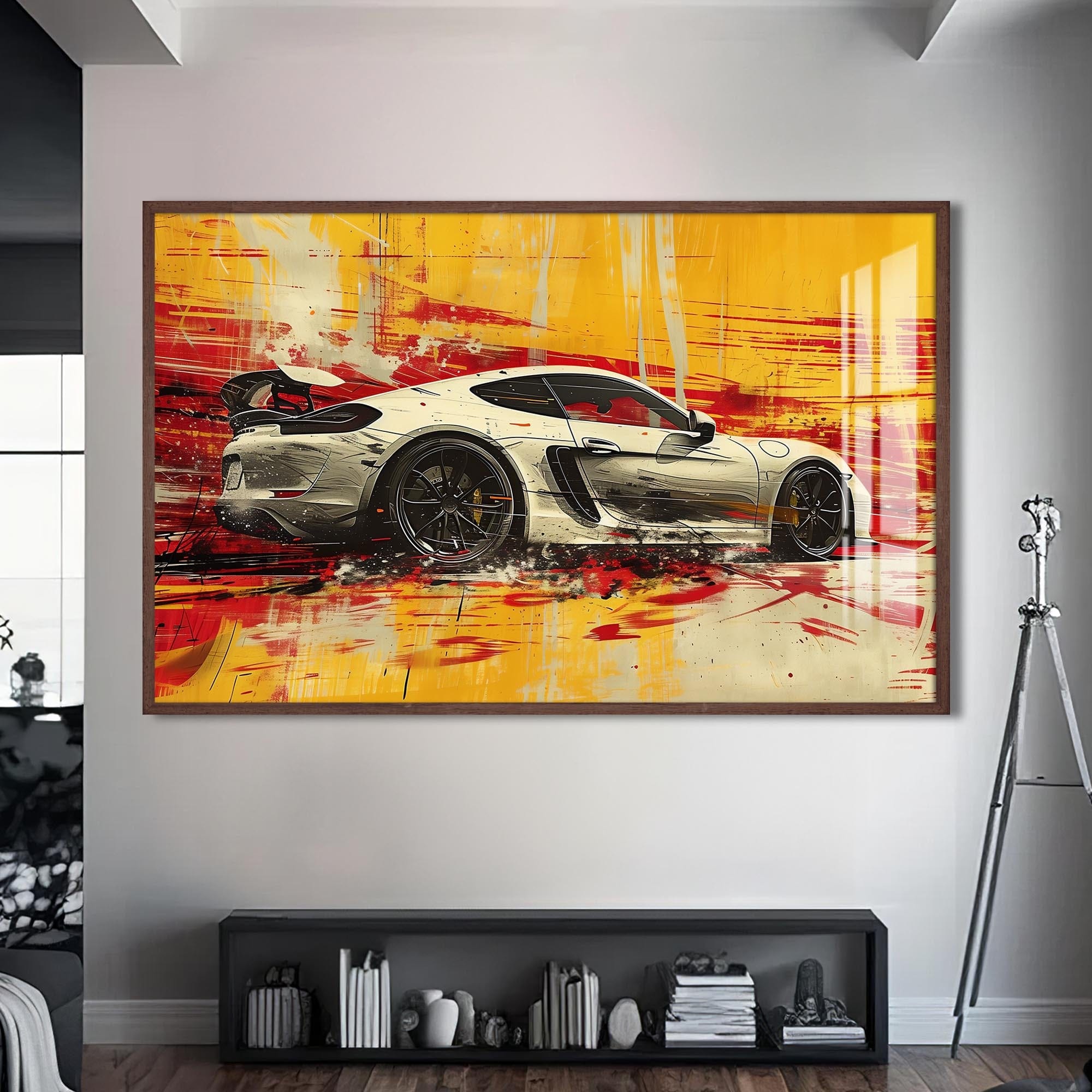 Artronauts Glass Print S | 72x46 cm | 28.3"x18.1" / Walnut Yellow Motion – Abstract Sports Car Glass Wall Art