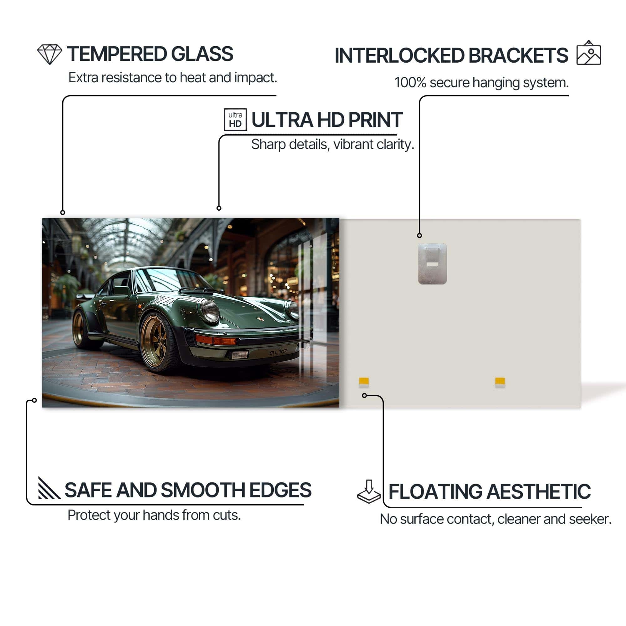 Artronauts Glass Print Green Classic Sports Car-Tempered Glass Wall Art