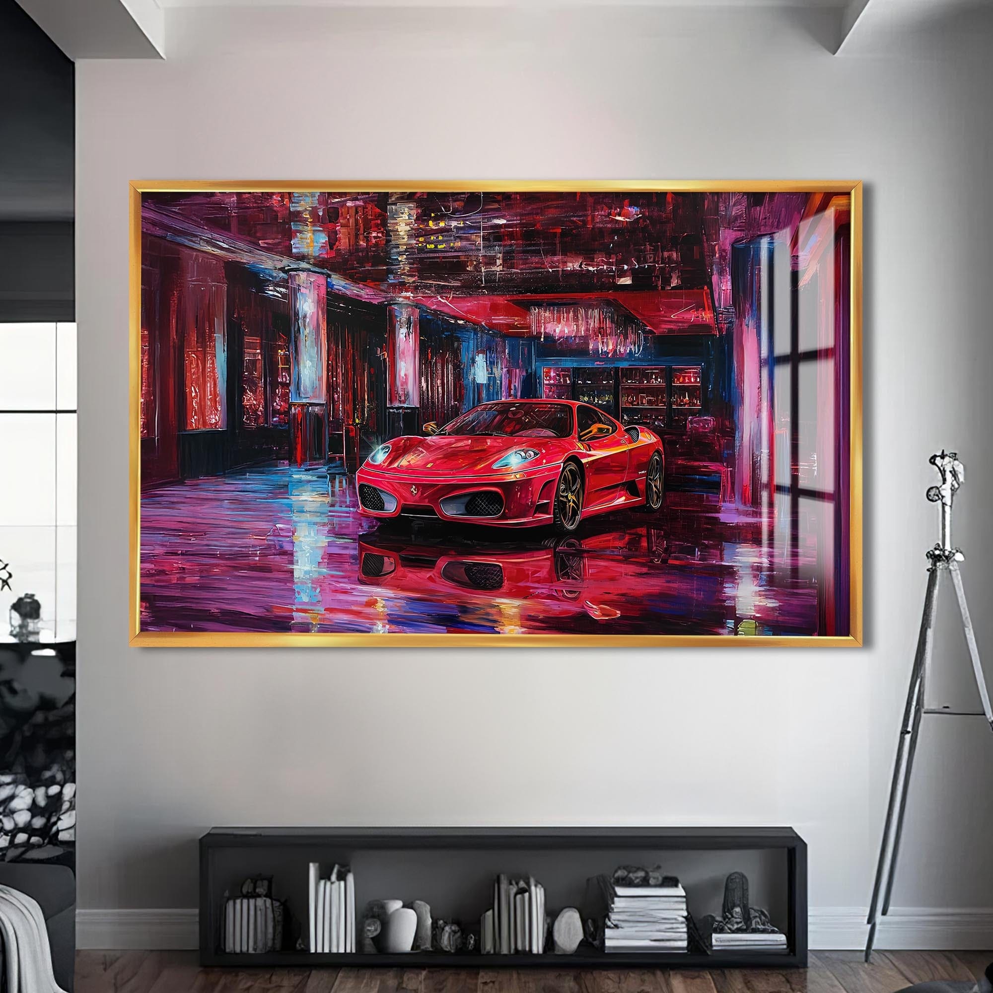 Artronauts Glass Print S | 72x46 cm | 28.3"x18.1" / Gold Luxury Red Supercar – Modern Automotive Glass Art