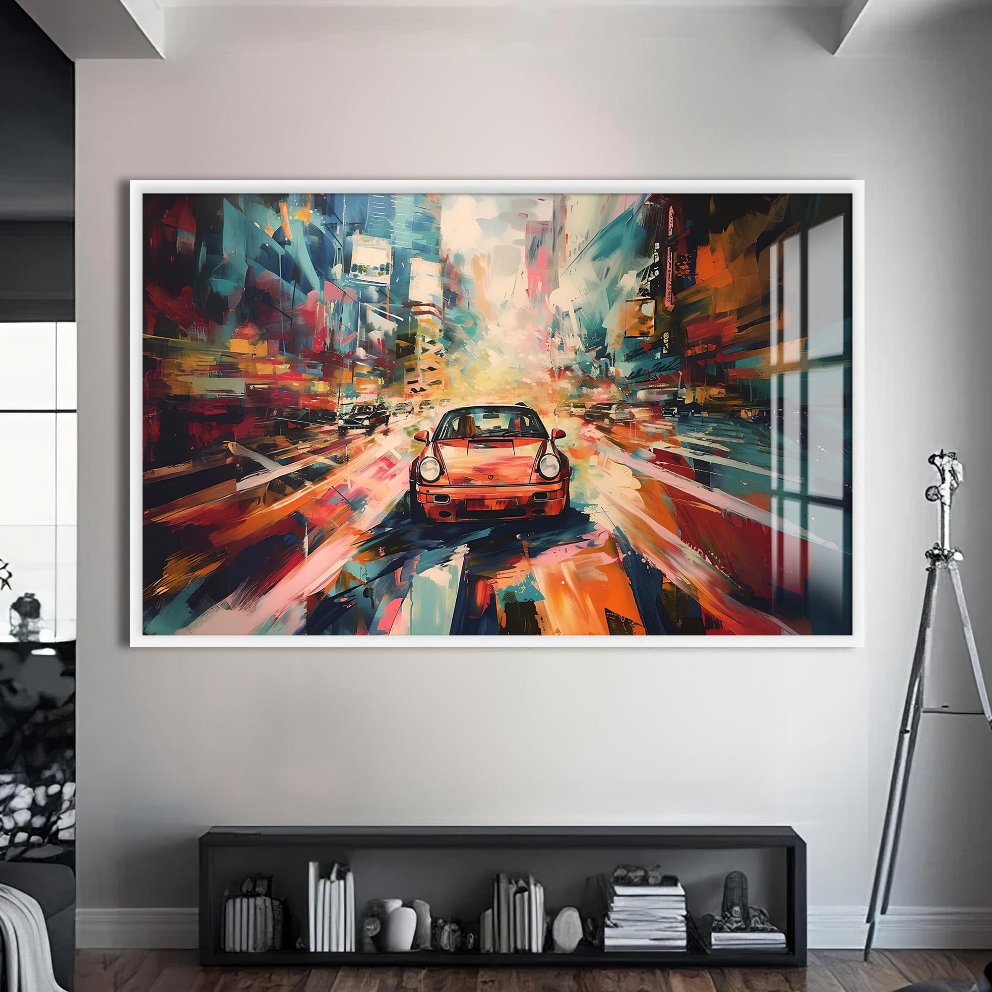 Artronauts Glass Print S | 72x46 cm | 28.3"x18.1" / White Urban Motion Drive – Abstract City Car Glass Art