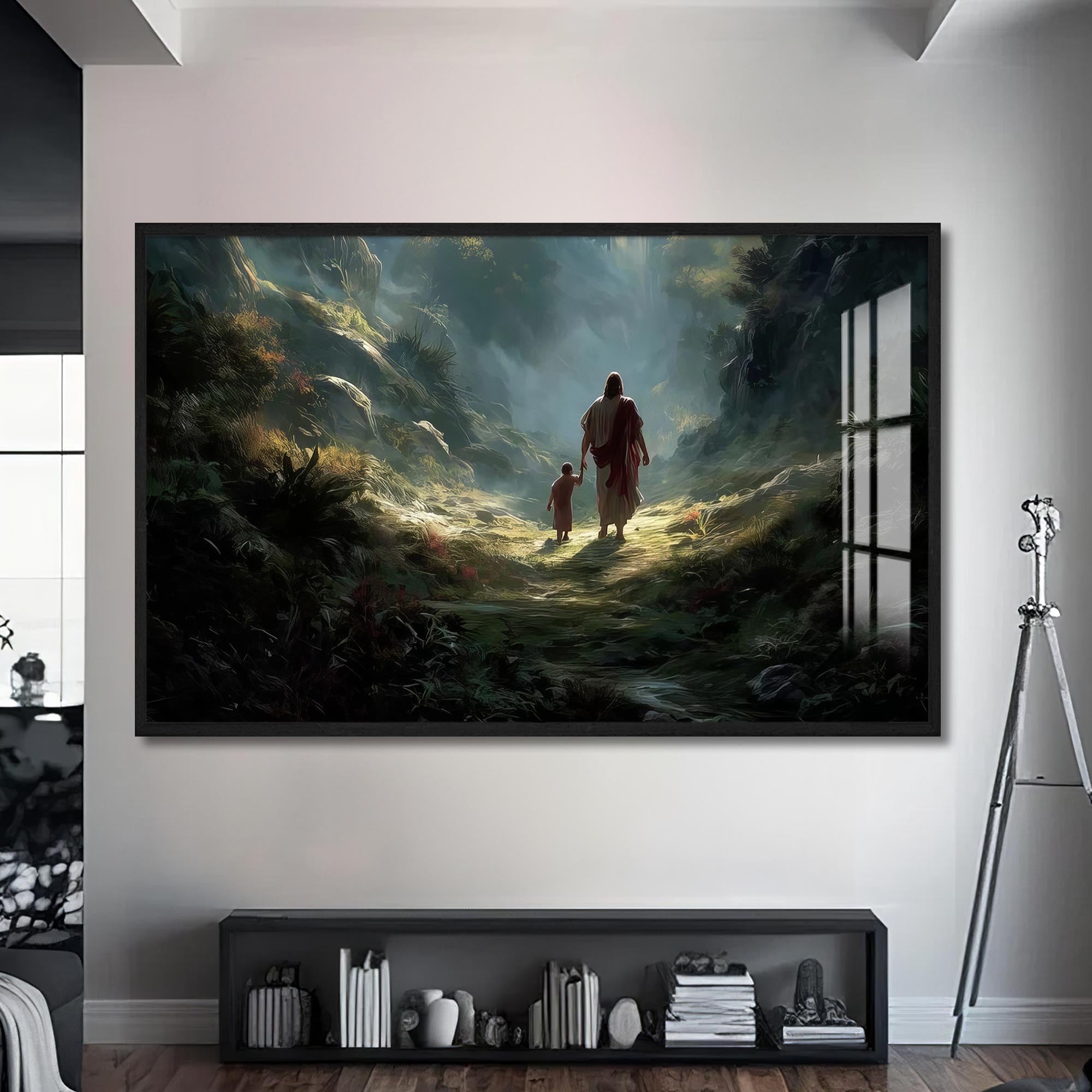 Artronauts Glass Print S | 72x46 cm | 28.3"x18.1" / Black Jesus Walking With a Child– Christian Tempered Glass Wall Art