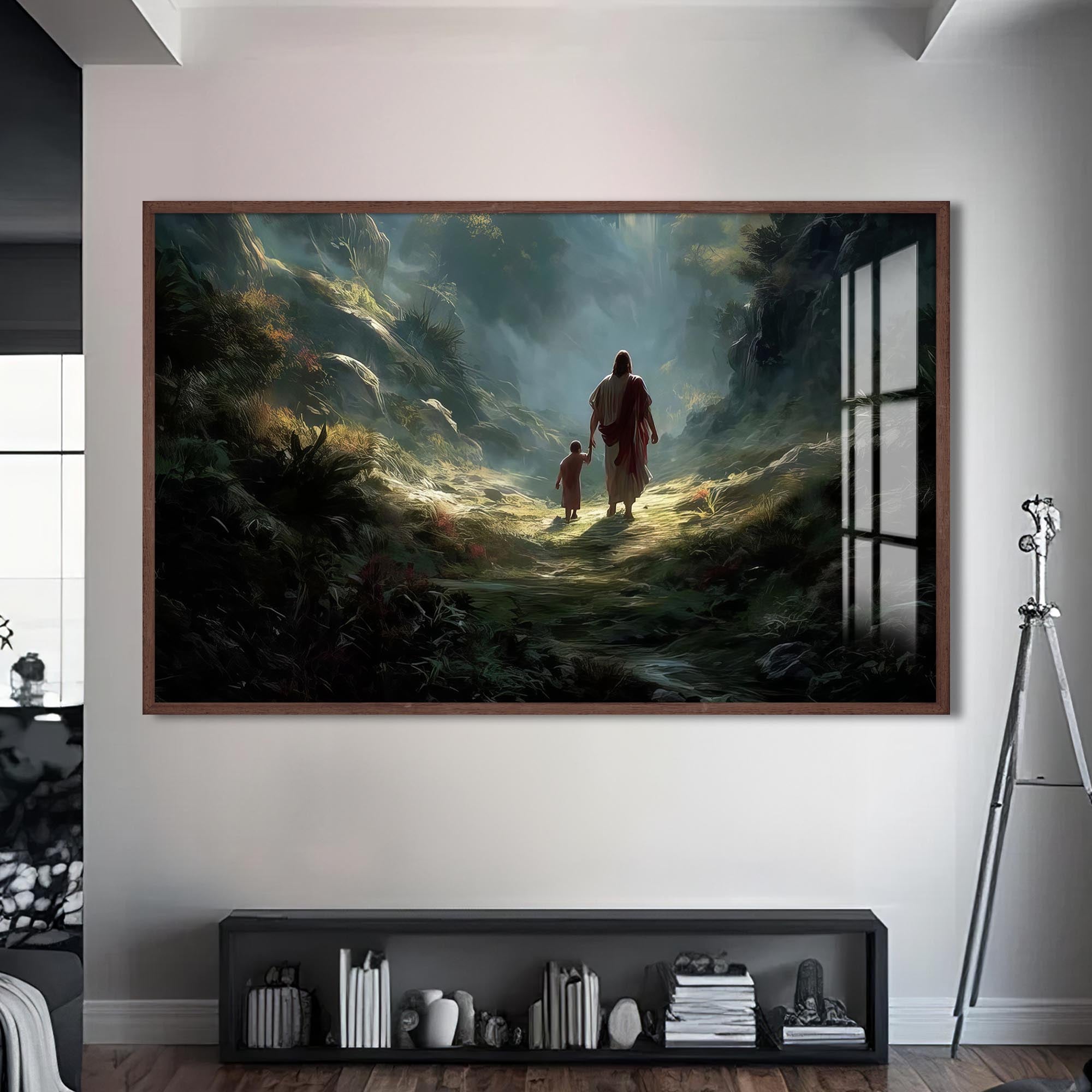 Artronauts Glass Print S | 72x46 cm | 28.3"x18.1" / Walnut Jesus Walking With a Child– Christian Tempered Glass Wall Art