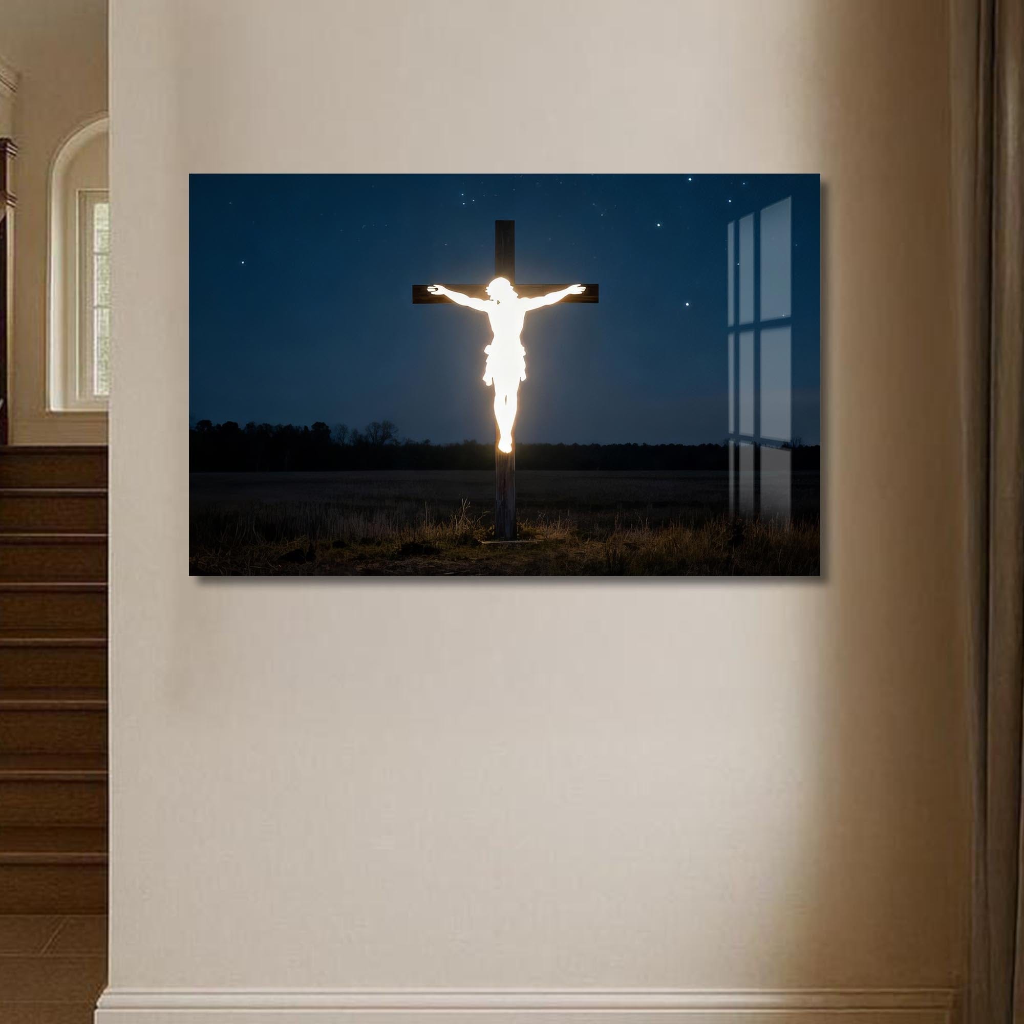 Artronauts Glass Print Glowing Cross in the Darkness– Christian Tempered Glass Wall Art