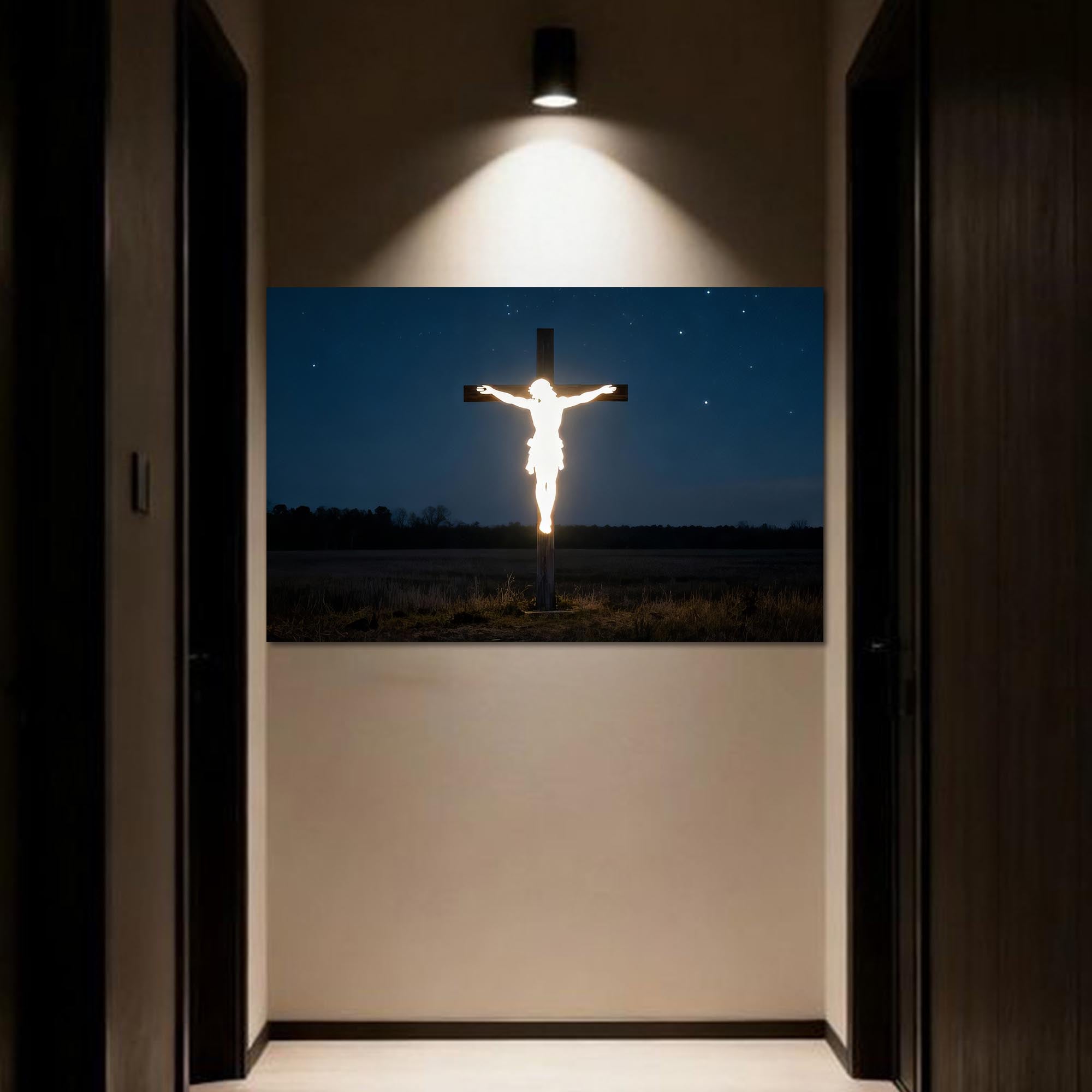 Artronauts Glass Print Glowing Cross in the Darkness– Christian Tempered Glass Wall Art