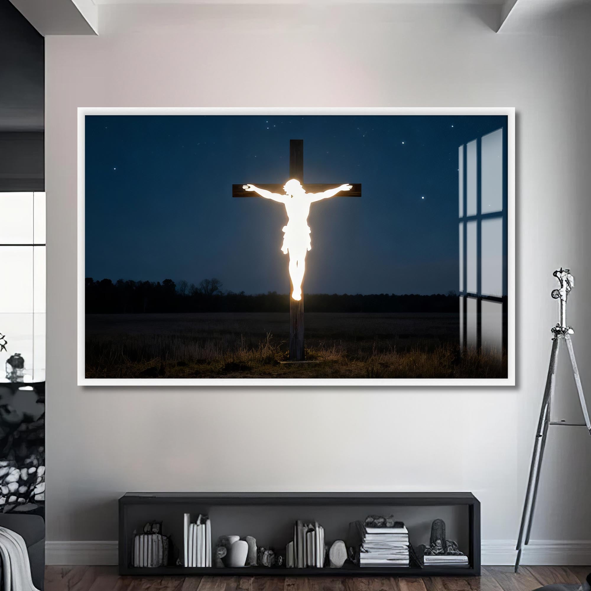 Artronauts Glass Print S | 72x46 cm | 28.3"x18.1" / White Glowing Cross in the Darkness– Christian Tempered Glass Wall Art