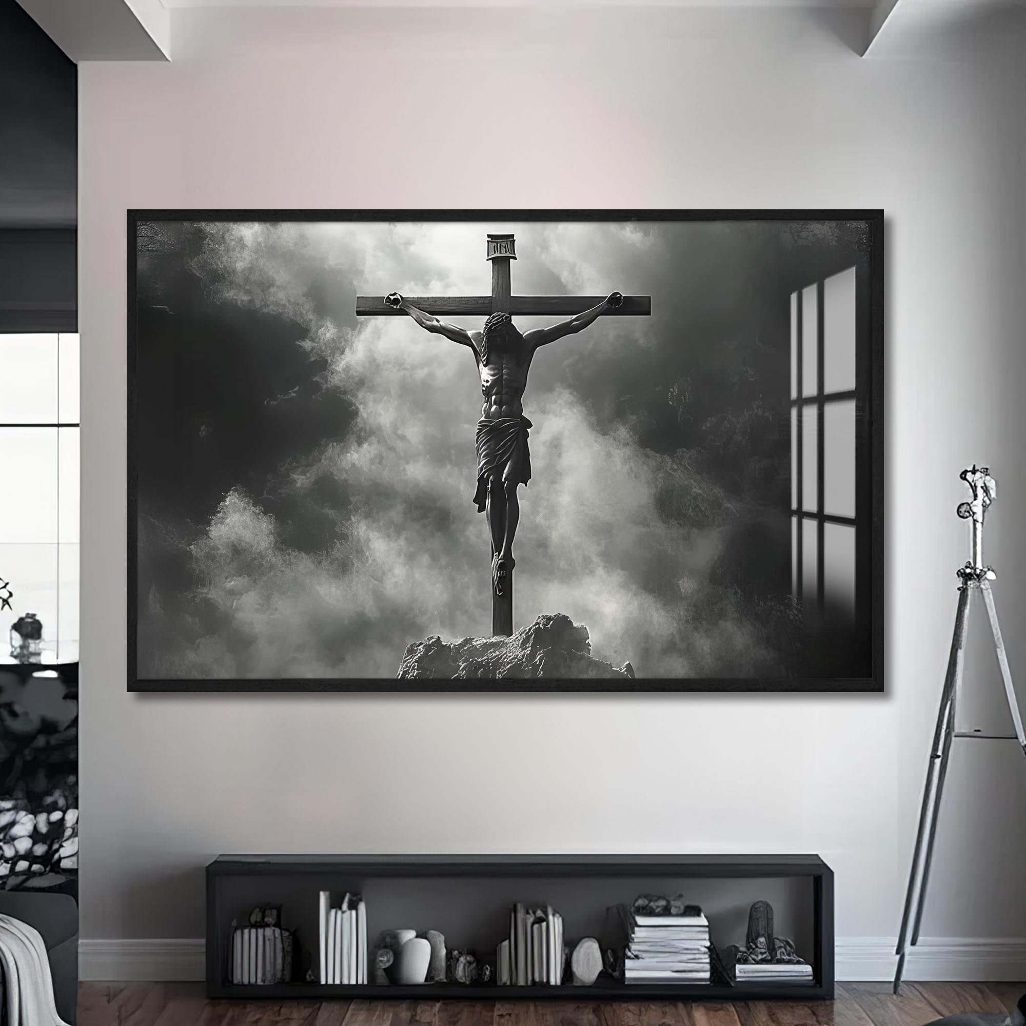Artronauts Glass Print S | 72x46 cm | 28.3"x18.1" / Black The Crucifixion in Silence– Christian Tempered Glass Wall Art