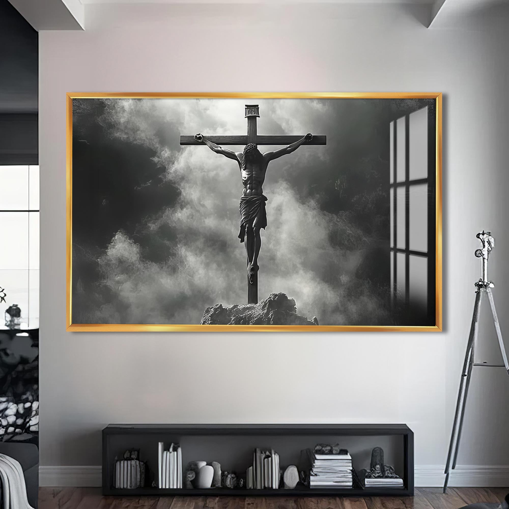 Artronauts Glass Print S | 72x46 cm | 28.3"x18.1" / Gold The Crucifixion in Silence– Christian Tempered Glass Wall Art