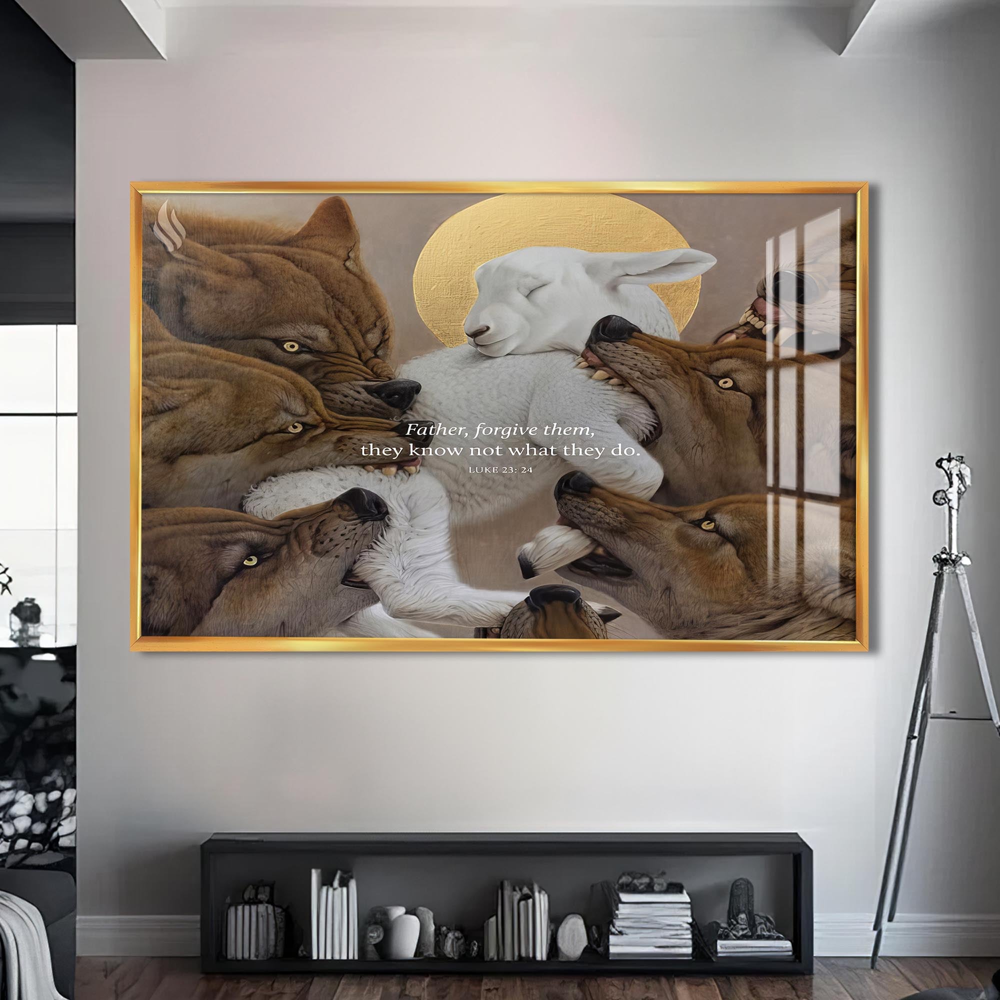 Artronauts Glass Print S | 72x46 cm | 28.3"x18.1" / Gold The Forgiving Lamb– Christian Tempered Glass Wall Art