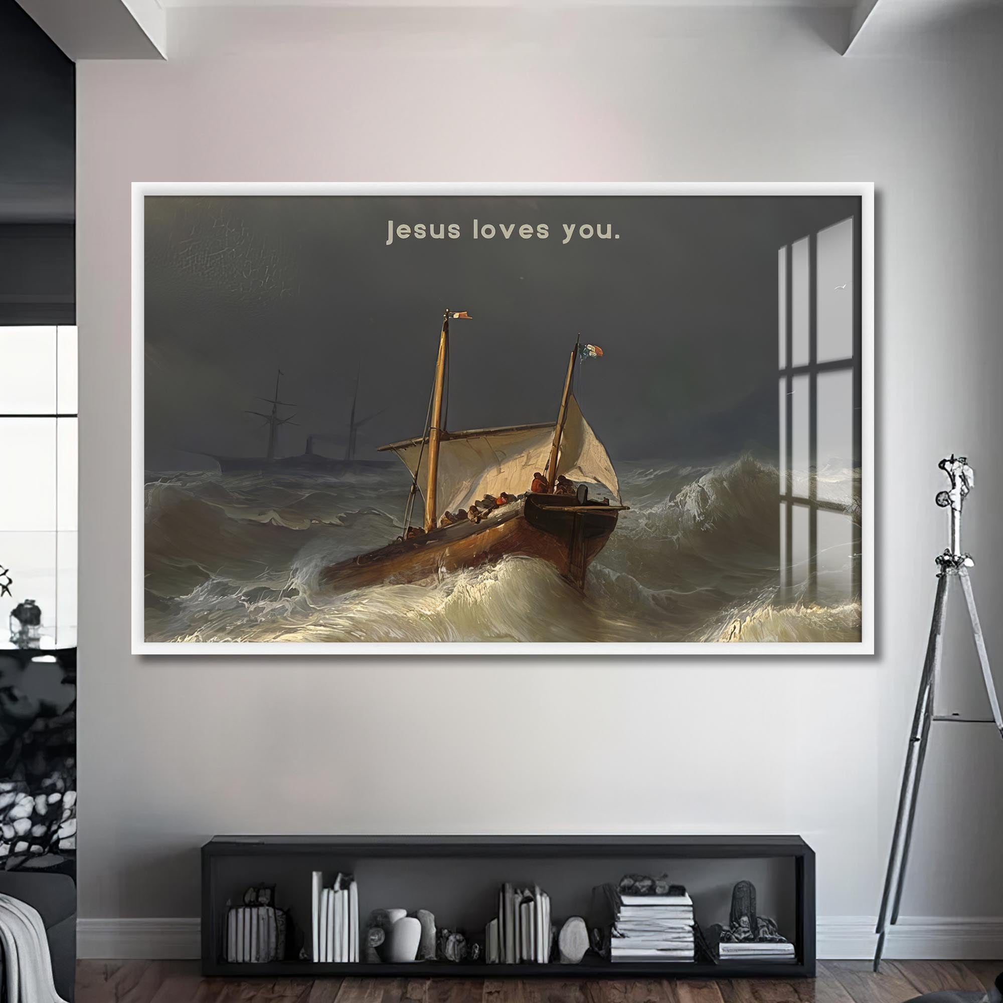 Artronauts Glass Print S | 72x46 cm | 28.3"x18.1" / White Jesus Loves You– Christian Tempered Glass Wall Art