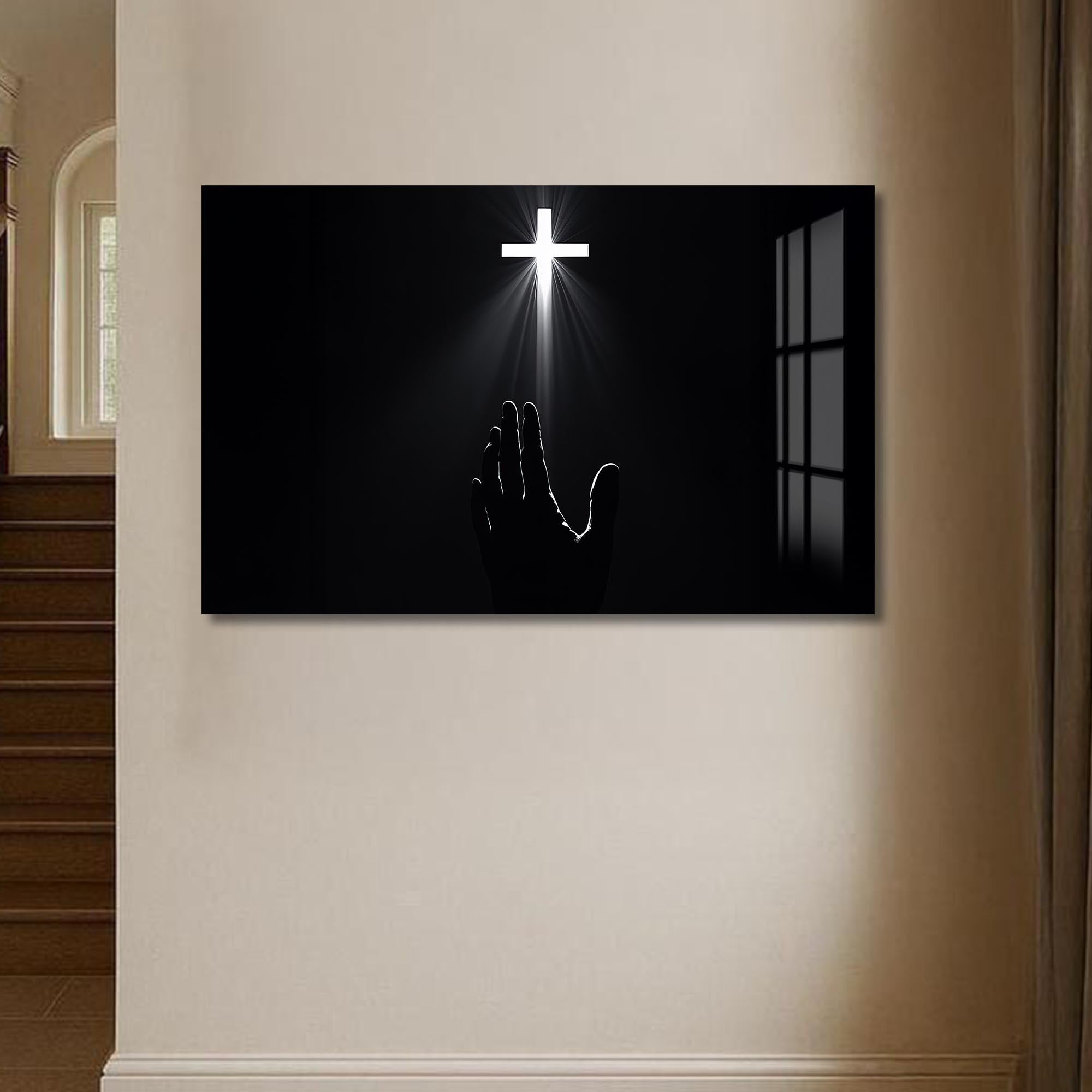 Artronauts Glass Print Reaching Toward the Cross- Christian Tempered Glass Wall Art